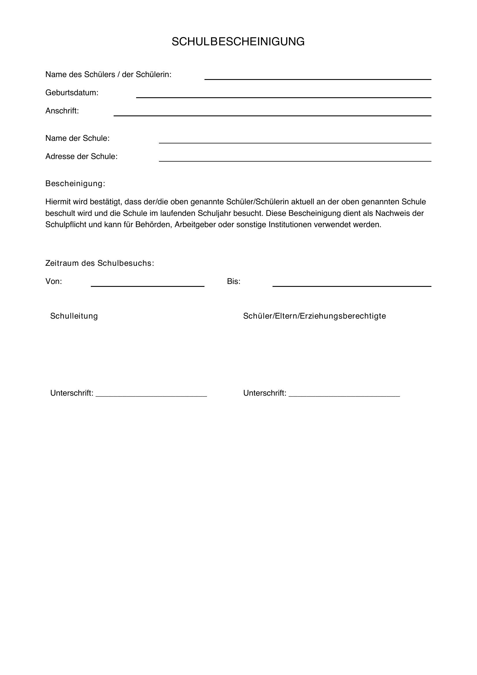 Aktuelle Schulbescheinigung