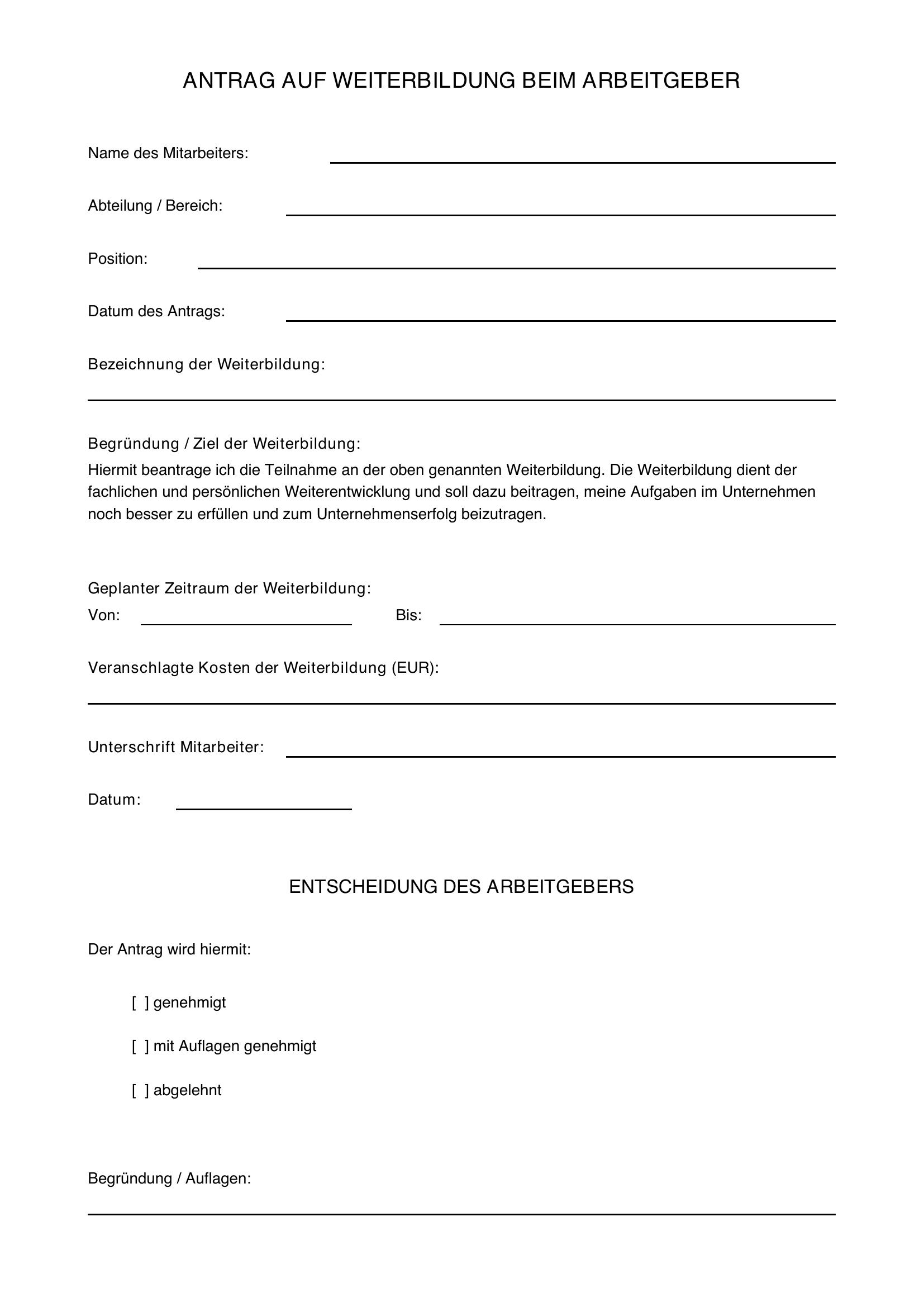 Antrag Auf Weiterbildung Beim Arbeitgeber Muster