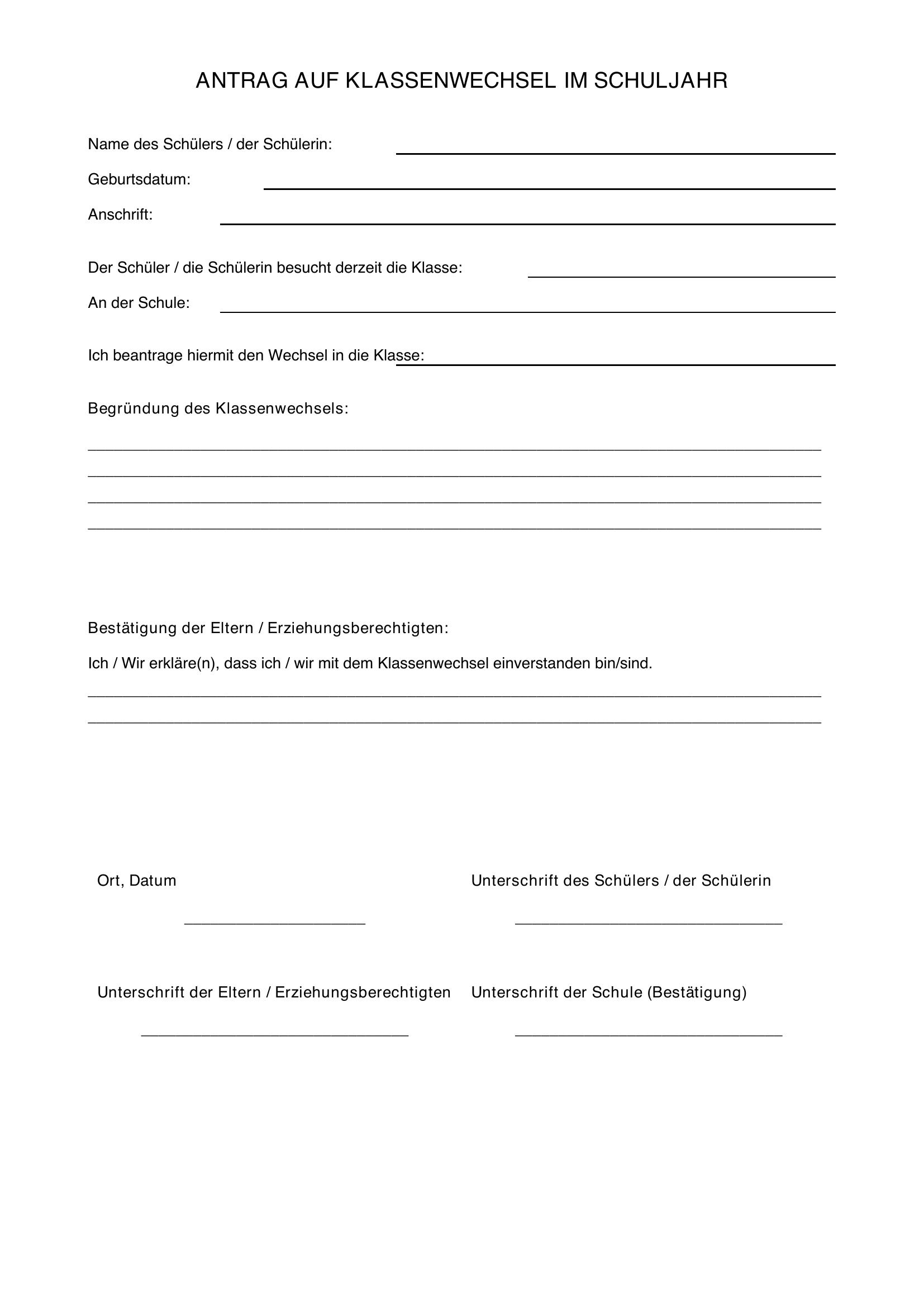 Antrag Klassenwechsel