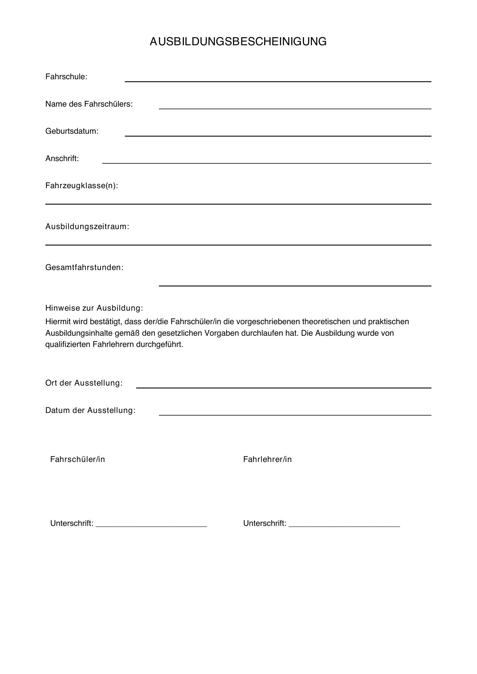 Ausbildungsbescheinigung Fahrschule