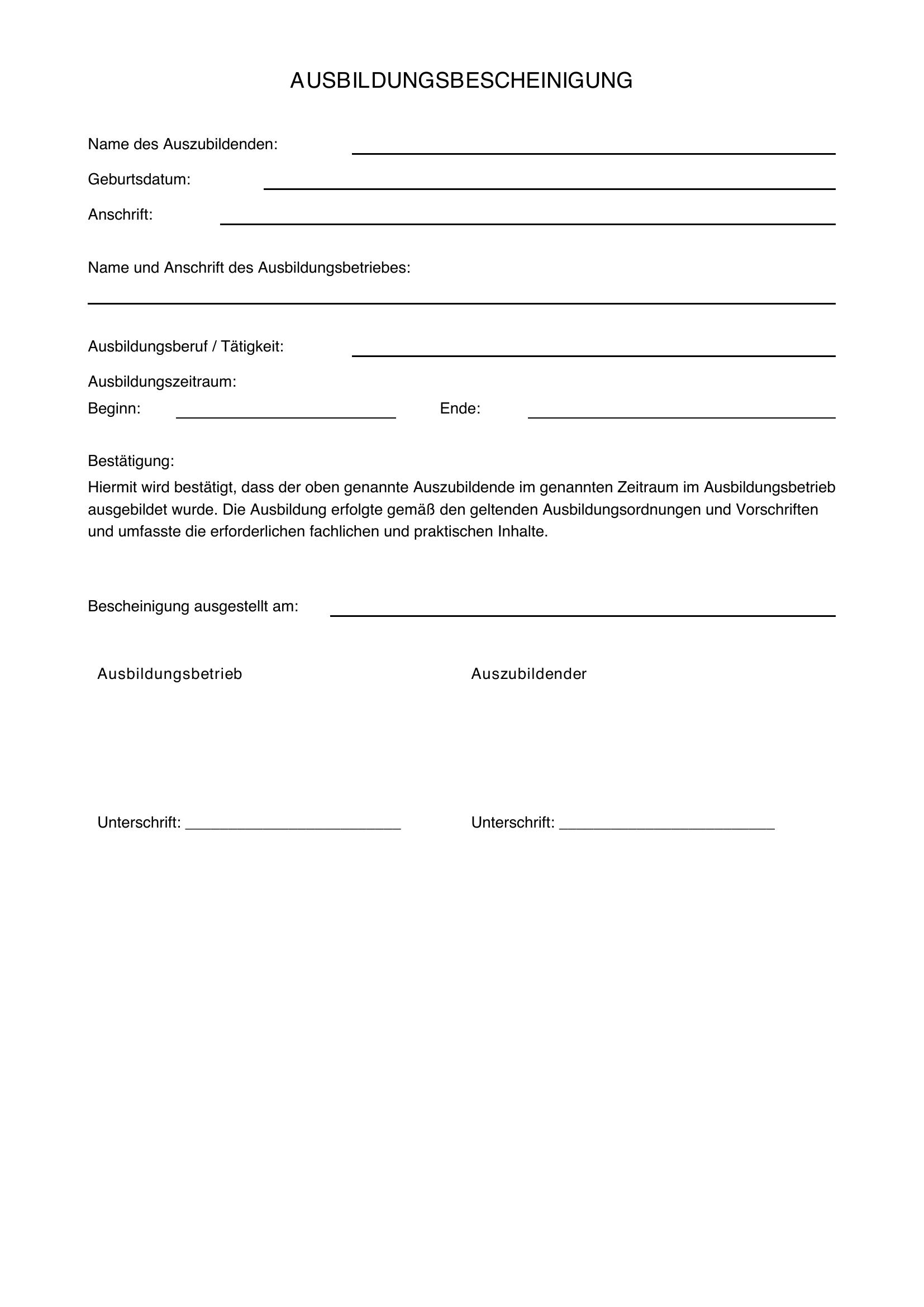 Ausbildungsbescheinigung Vorlage
