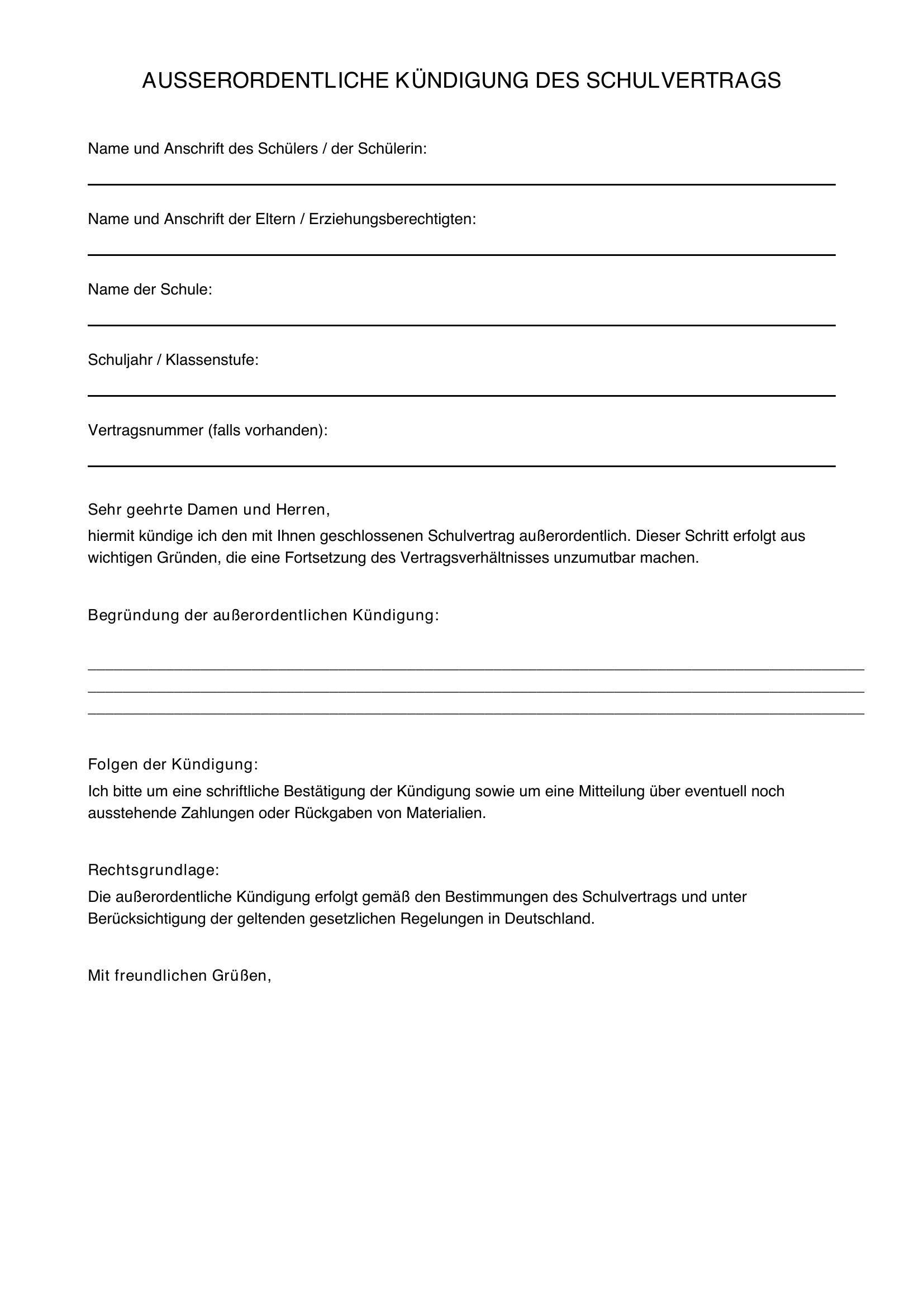 Außerordentliche Kündigung Schulvertrag Muster