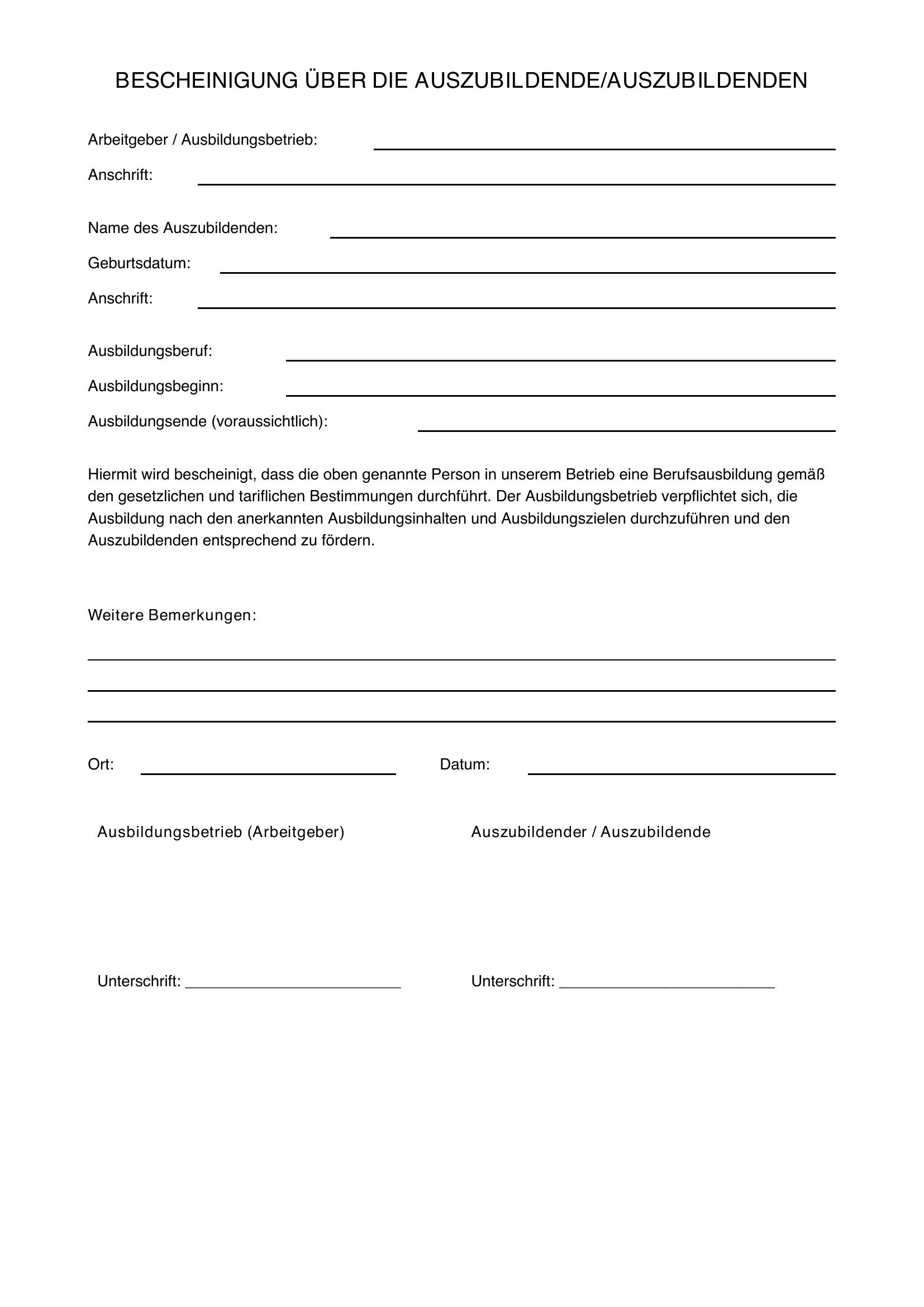 Bescheinigung Ausbildung Arbeitgeber