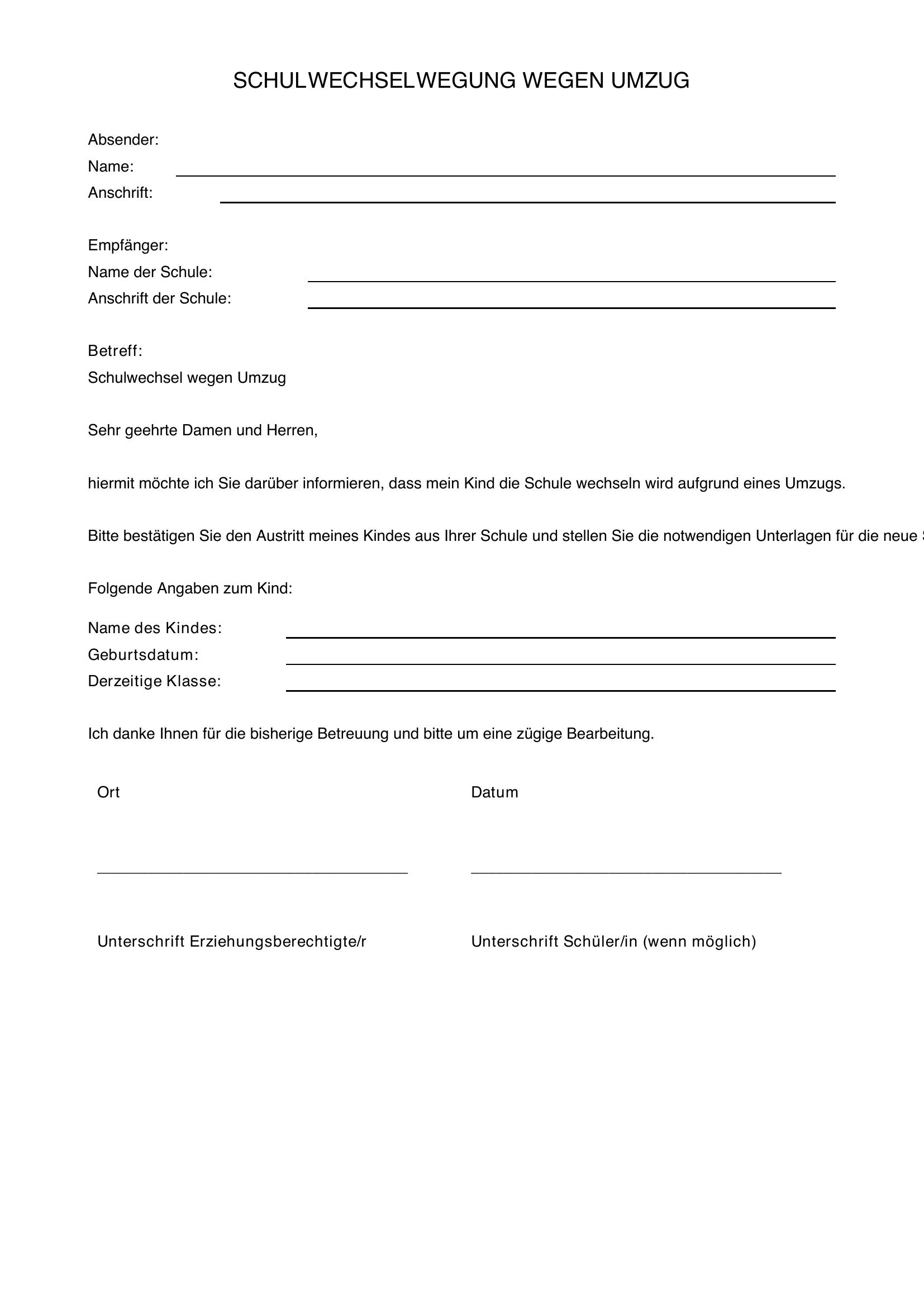 Musterbrief Schulwechsel Wegen Umzug