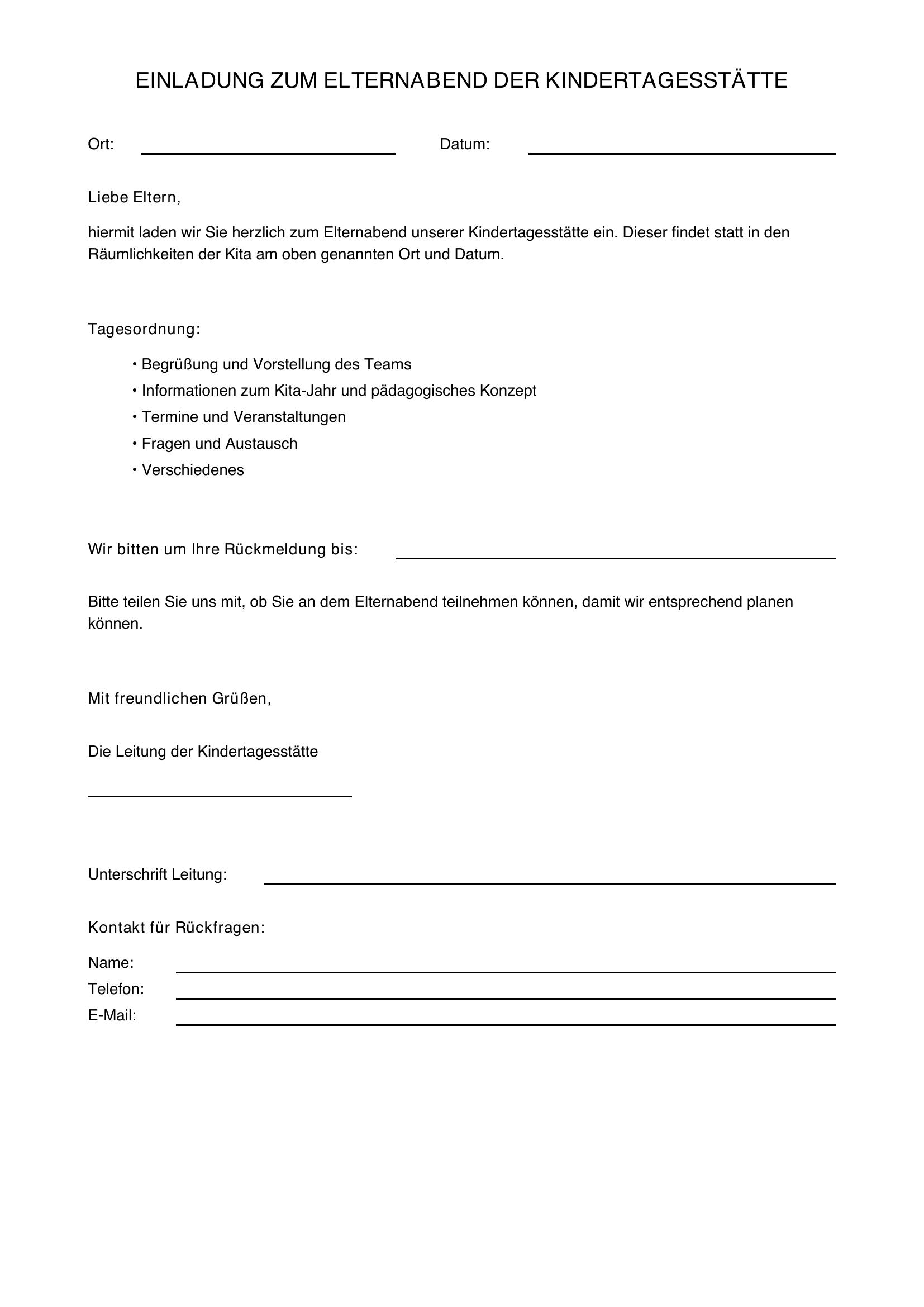 Einladung Elternabend Kita Vorlage
