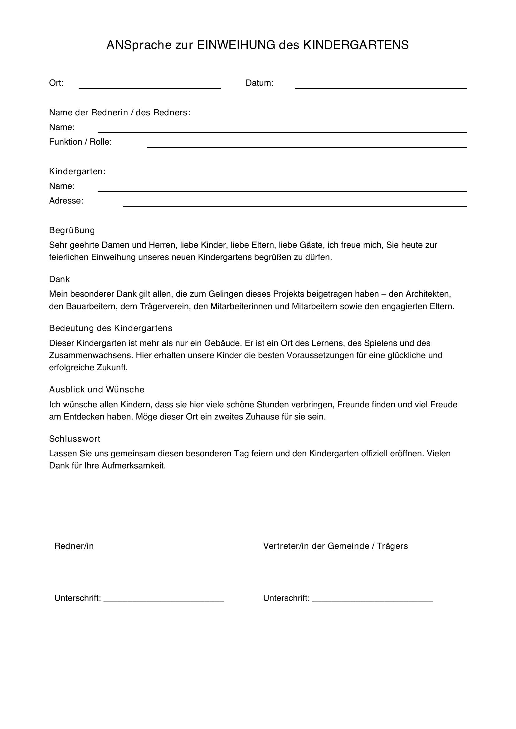Einweihung Kindergarten Ansprache