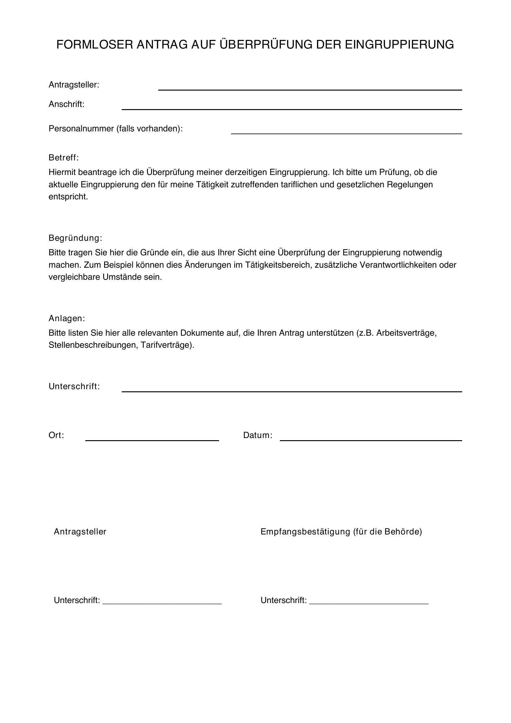 Formloser Antrag Auf Überprüfung Der Eingruppierung Muster