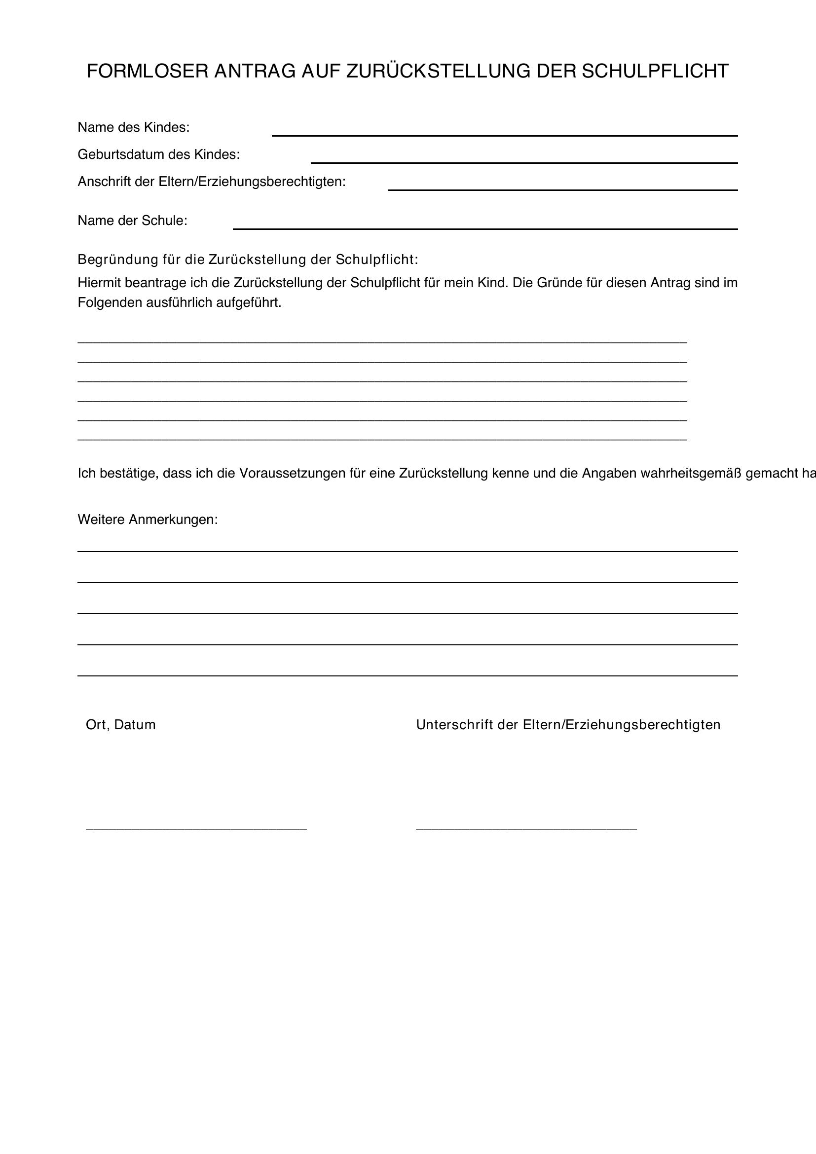 Formloser Antrag Auf Zurückstellung Schule Muster Nrw