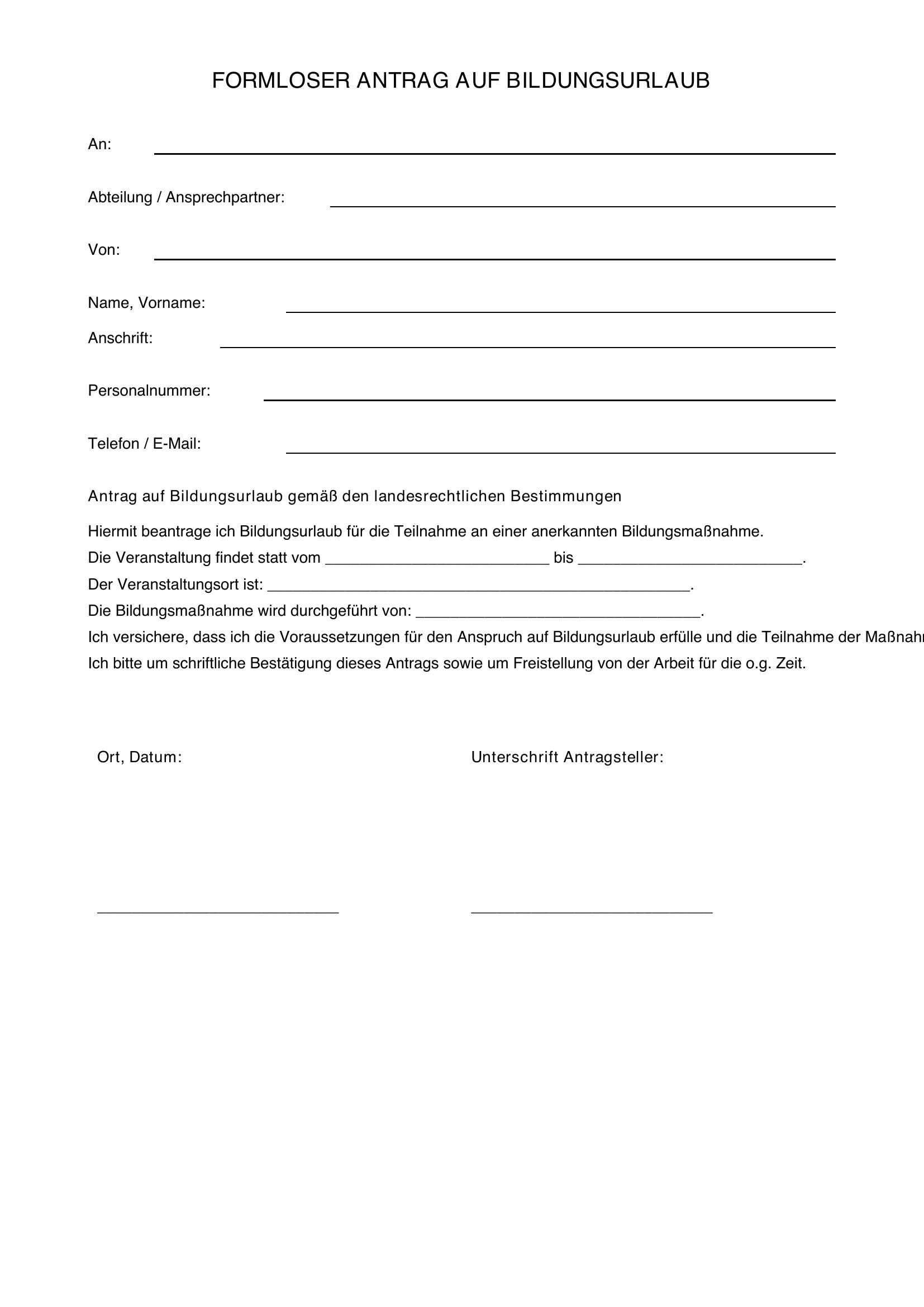 Formloser Antrag Bildungsurlaub Muster