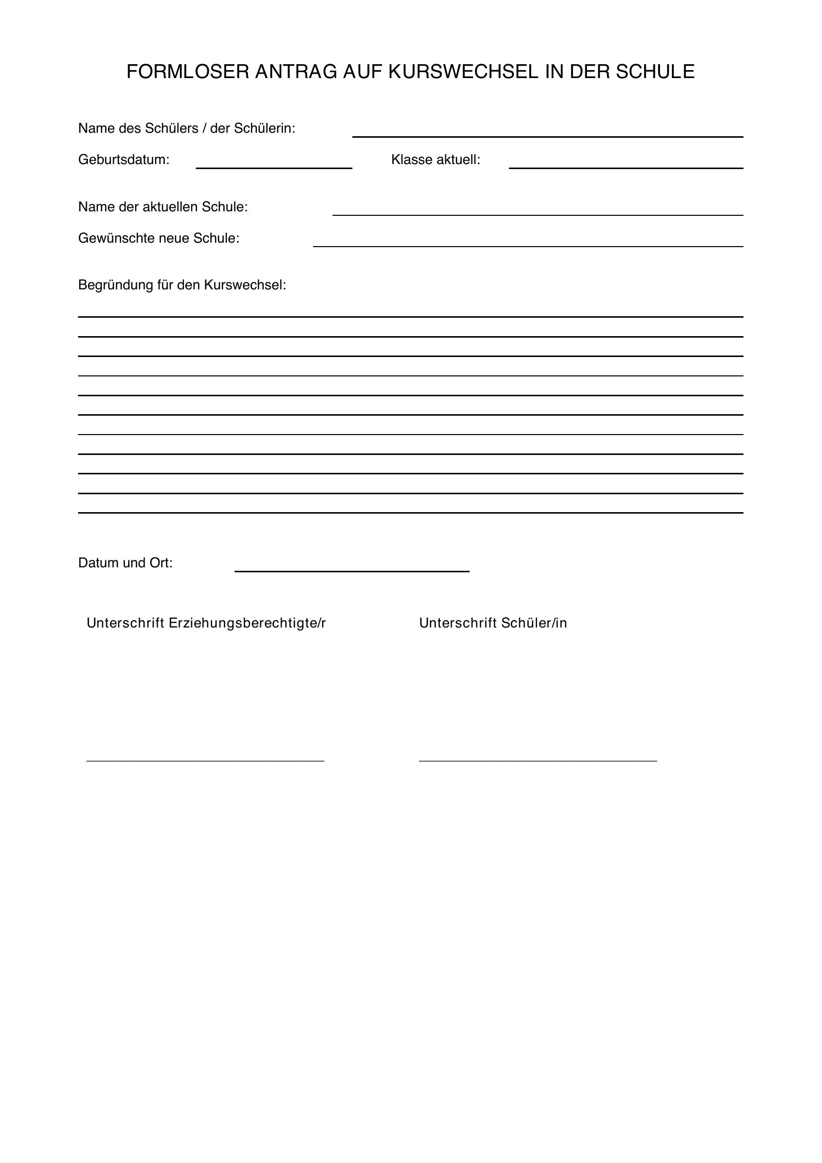 Formloser Antrag Kurswechsel Schule