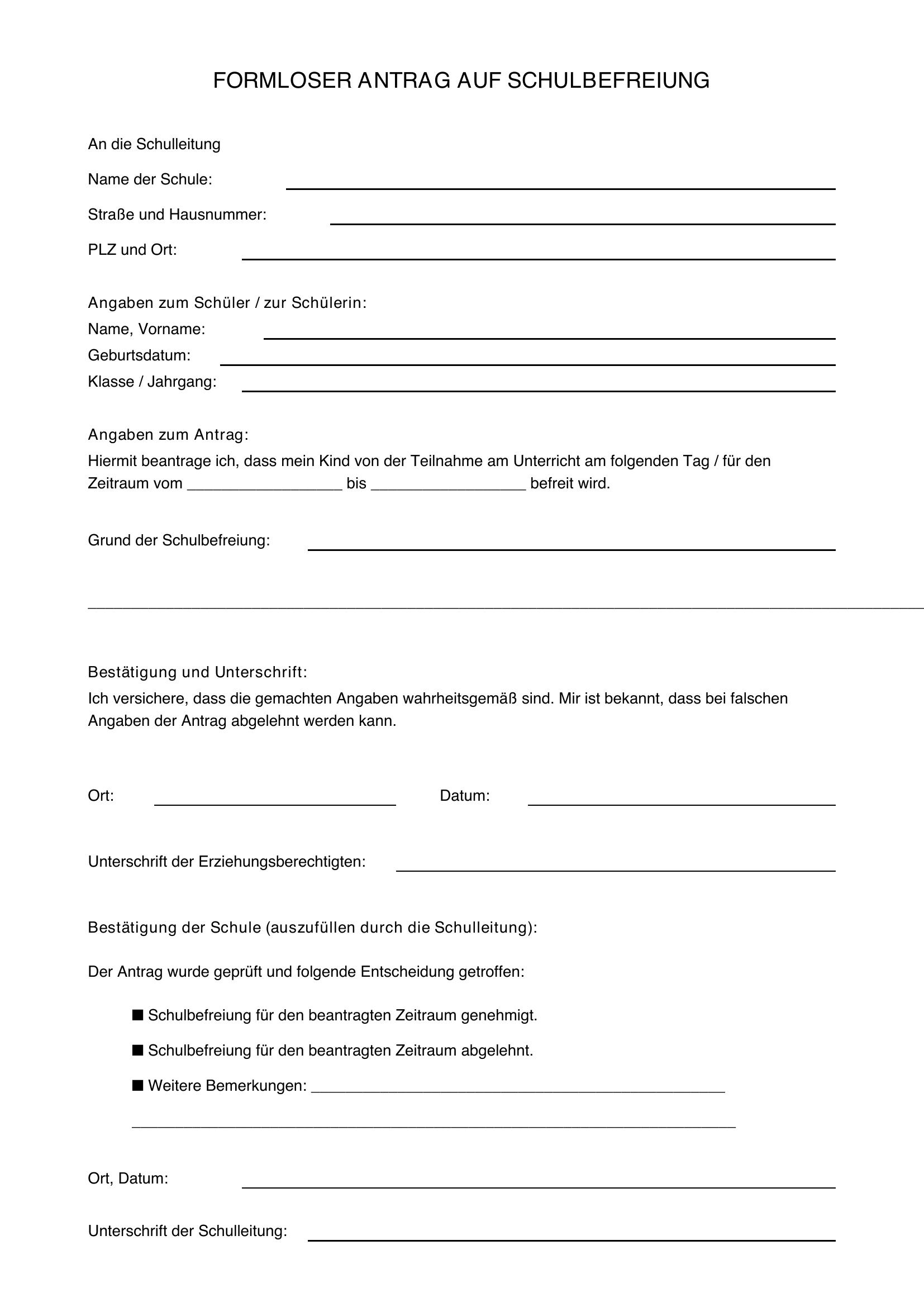 Formloser Antrag Schulbefreiung Vorlage