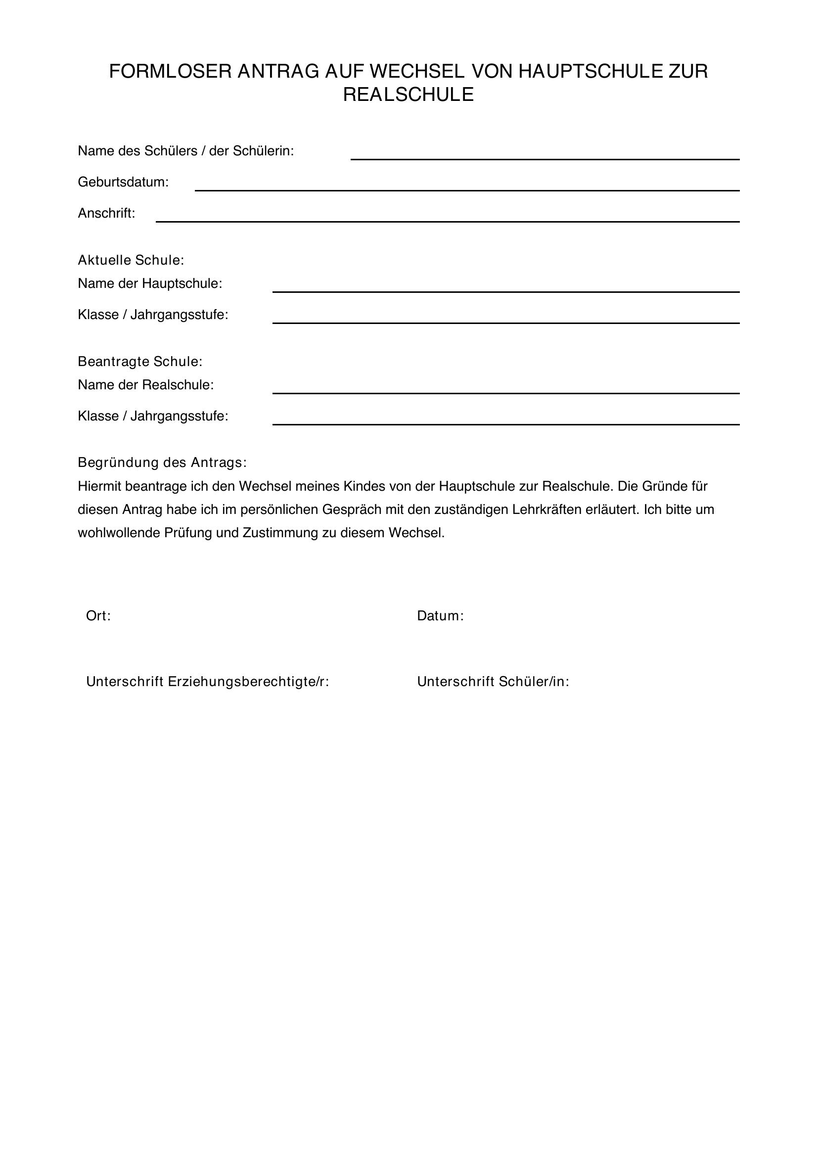 Formloser Antrag Von Hauptschule Auf Realschule