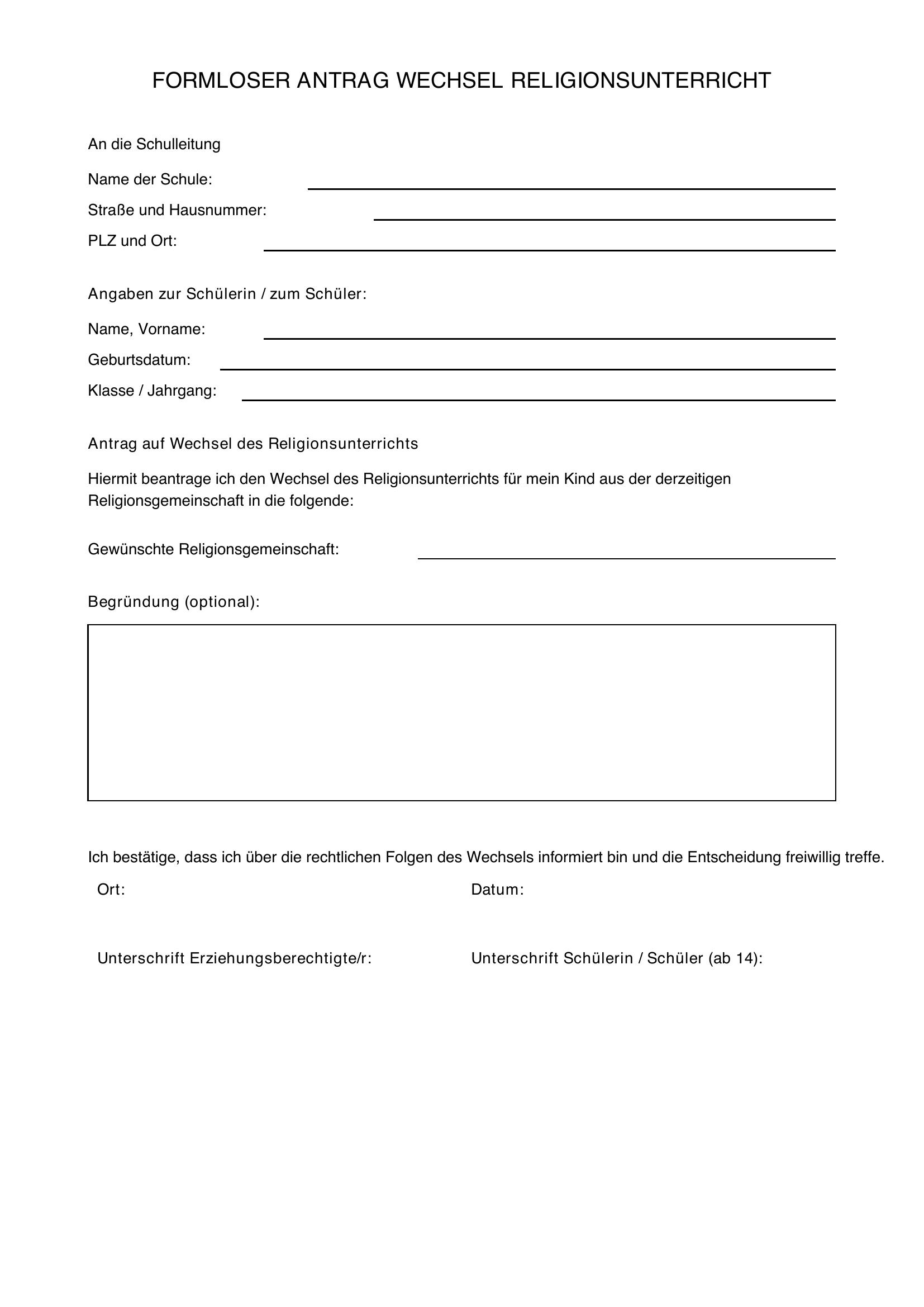 Formloser Antrag Wechsel Religionsunterricht