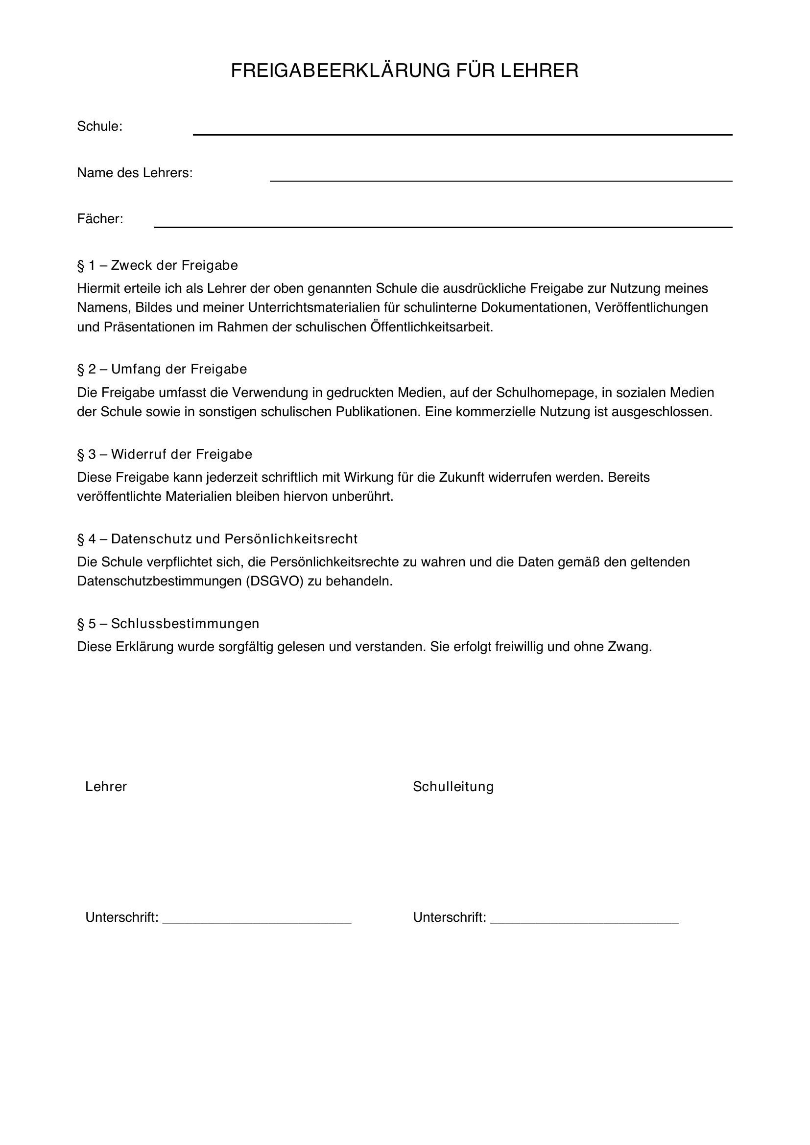 Freigabeerklärung Lehrer Nrw Muster