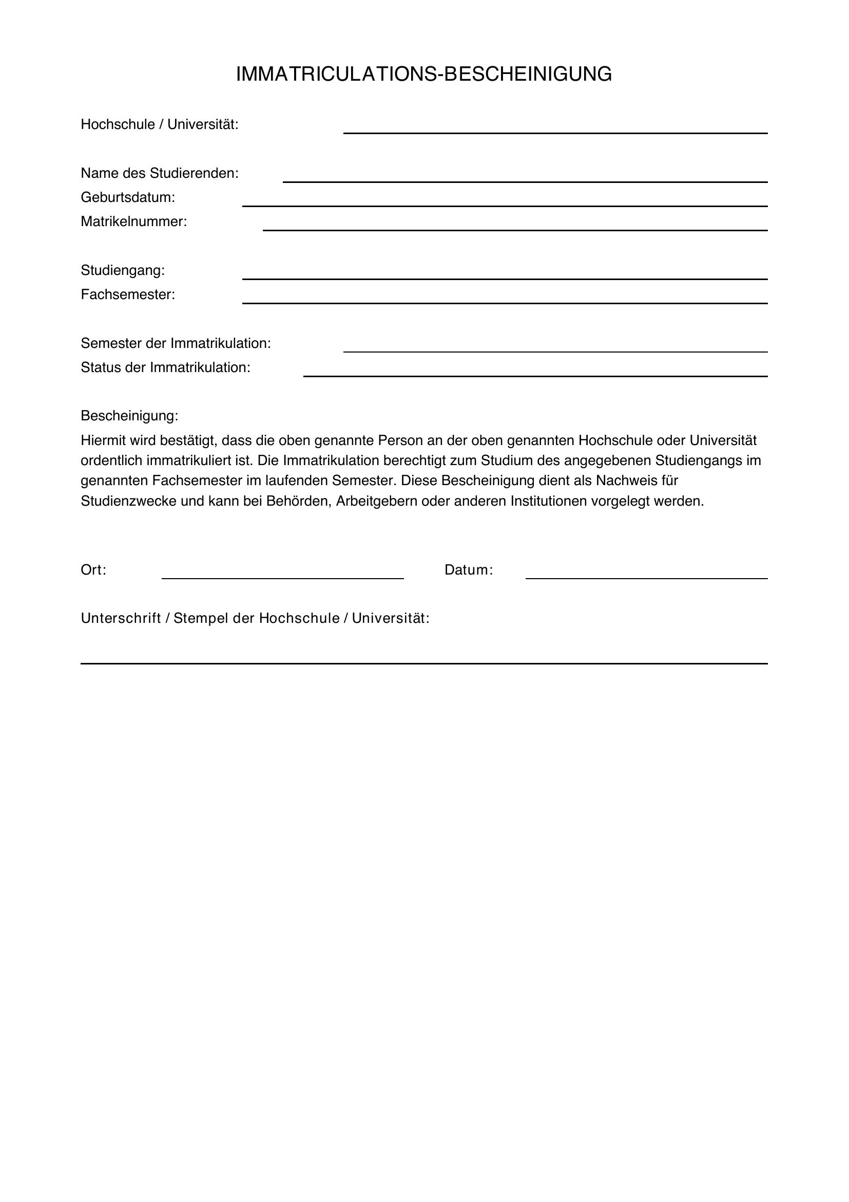 Immatrikulationsbescheinigung Muster