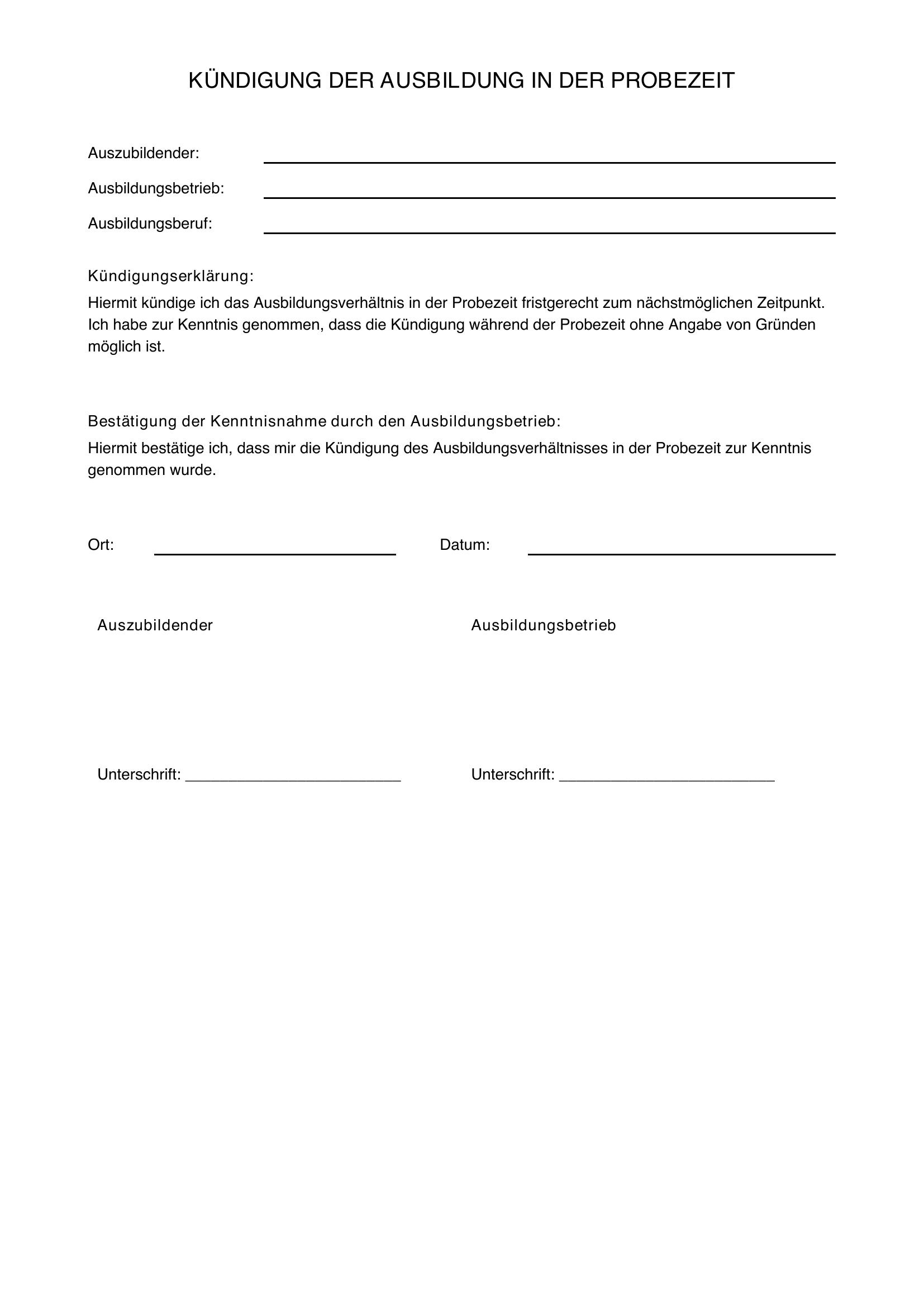 Kündigung Ausbildung Probezeit Muster