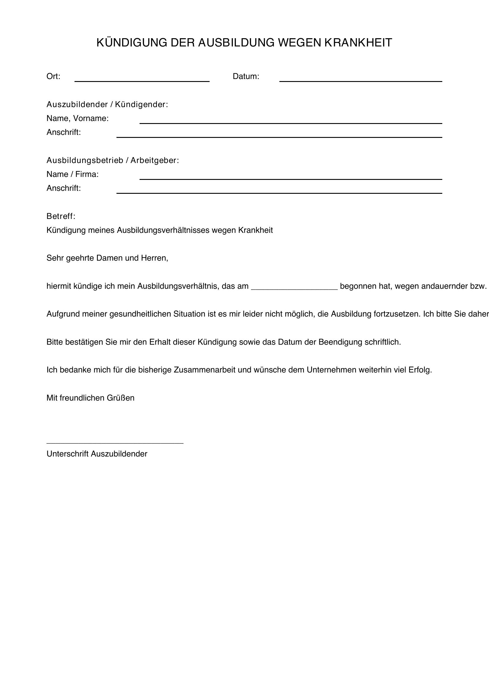 Kündigung Ausbildung Wegen Krankheit Muster