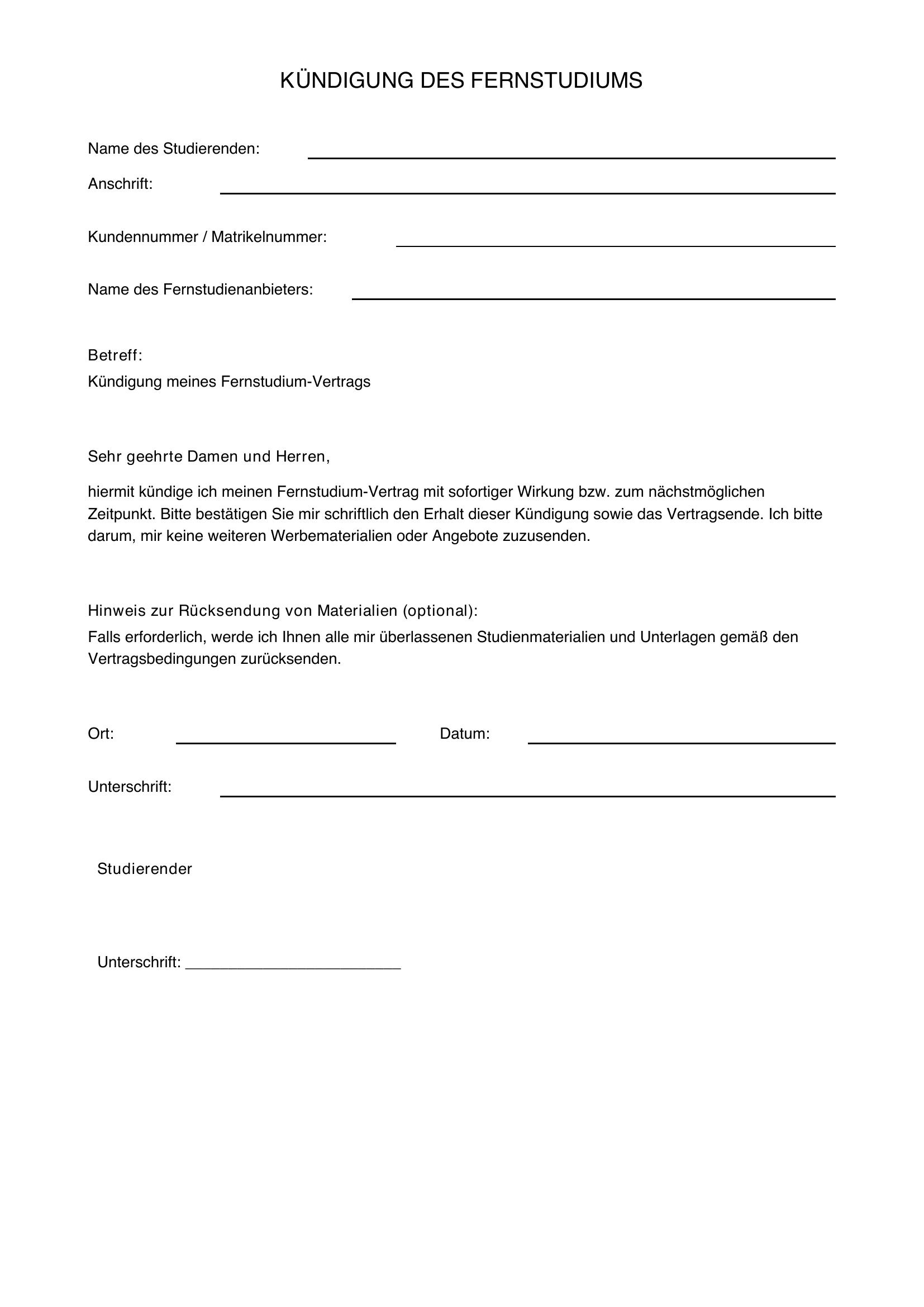 Kündigung Fernstudium Vorlage