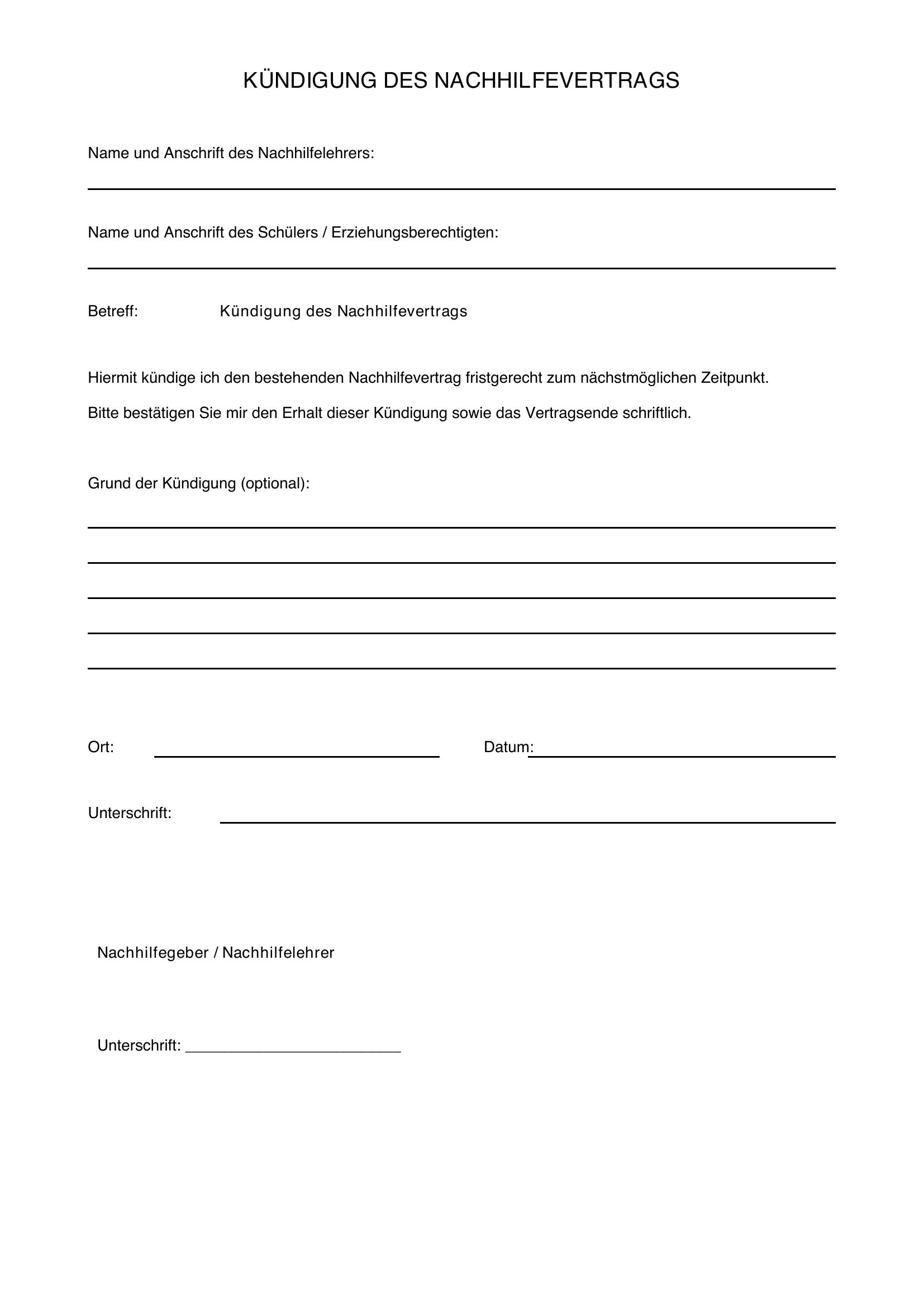Kündigung Nachhilfe Muster