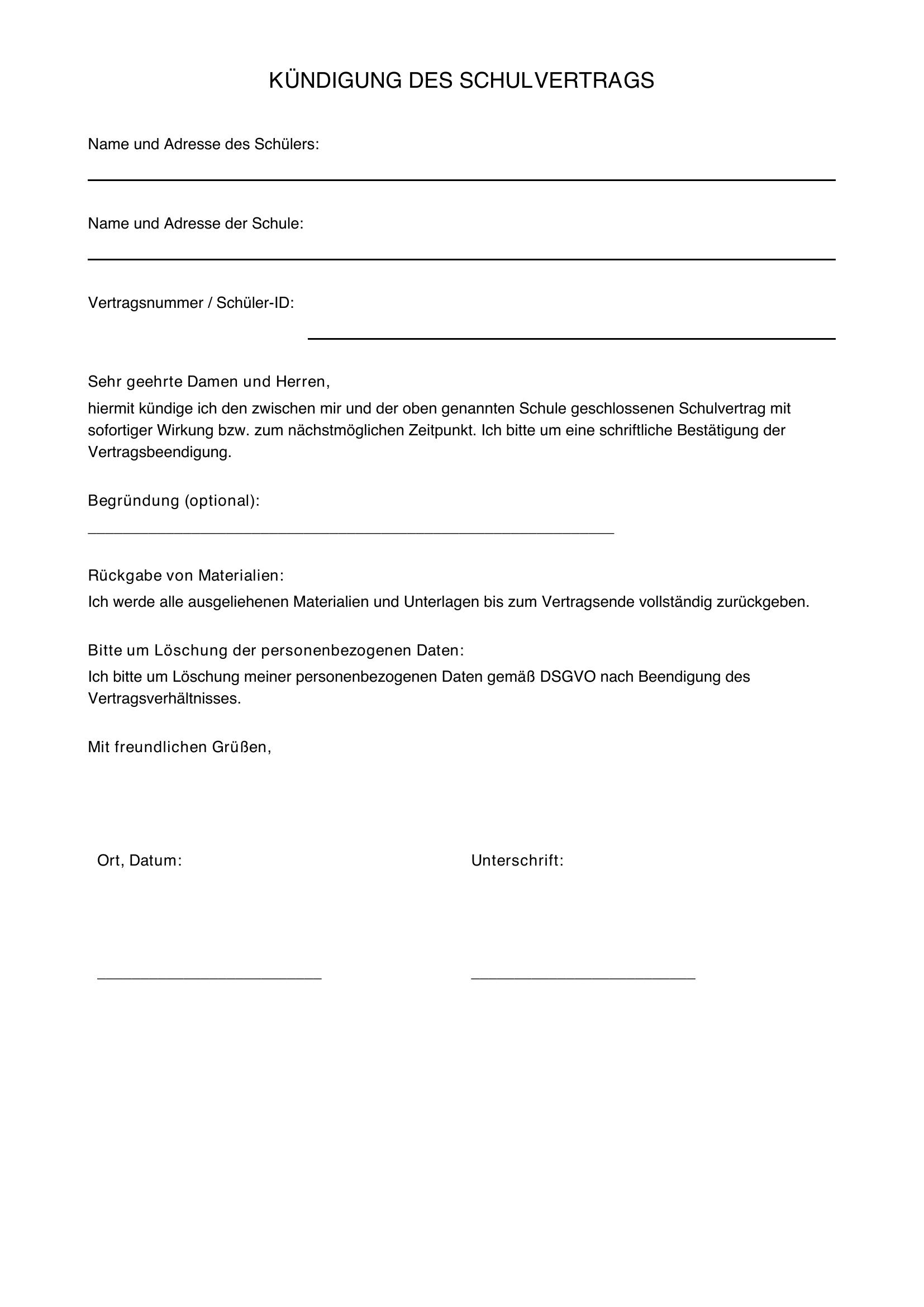 Kündigung Schulvertrag
