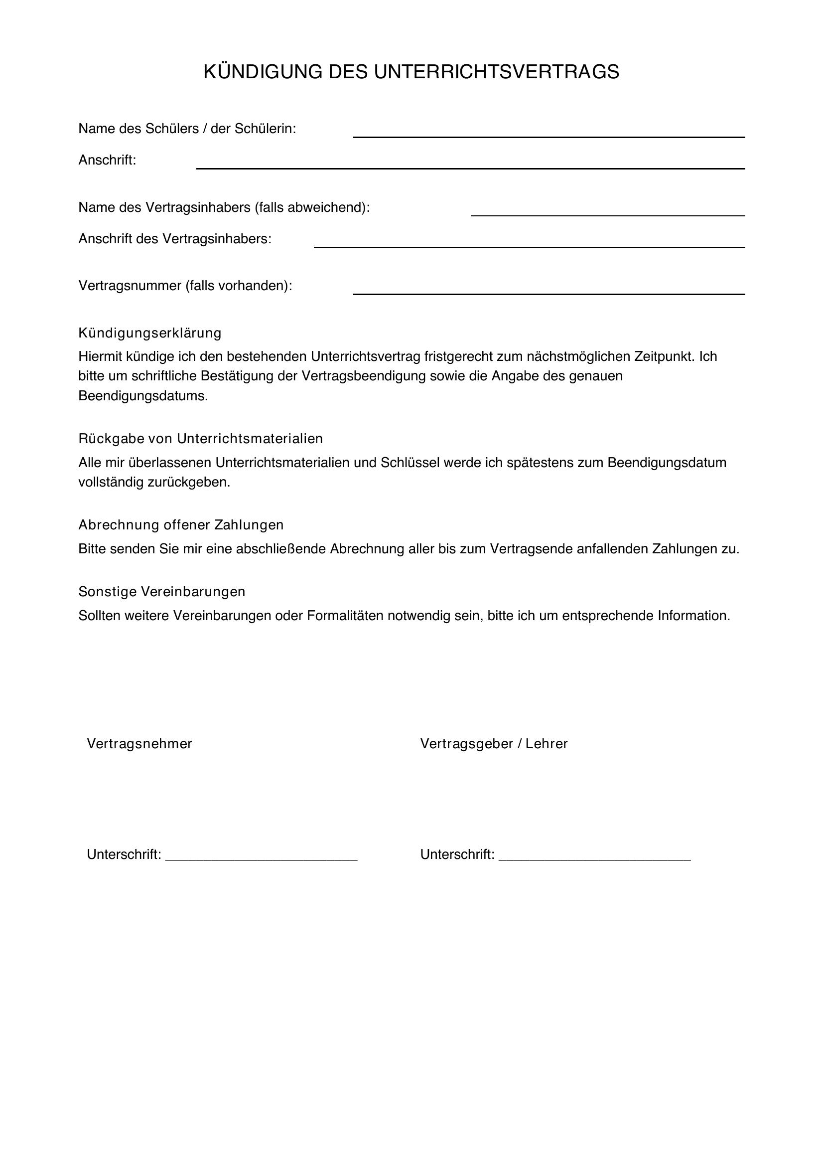 Kündigung Unterrichtsvertrag