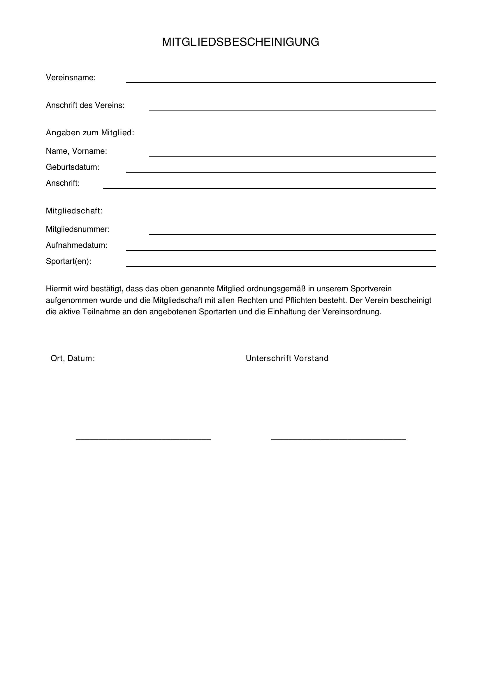 Mitgliedsbescheinigung Sportverein Vorlage