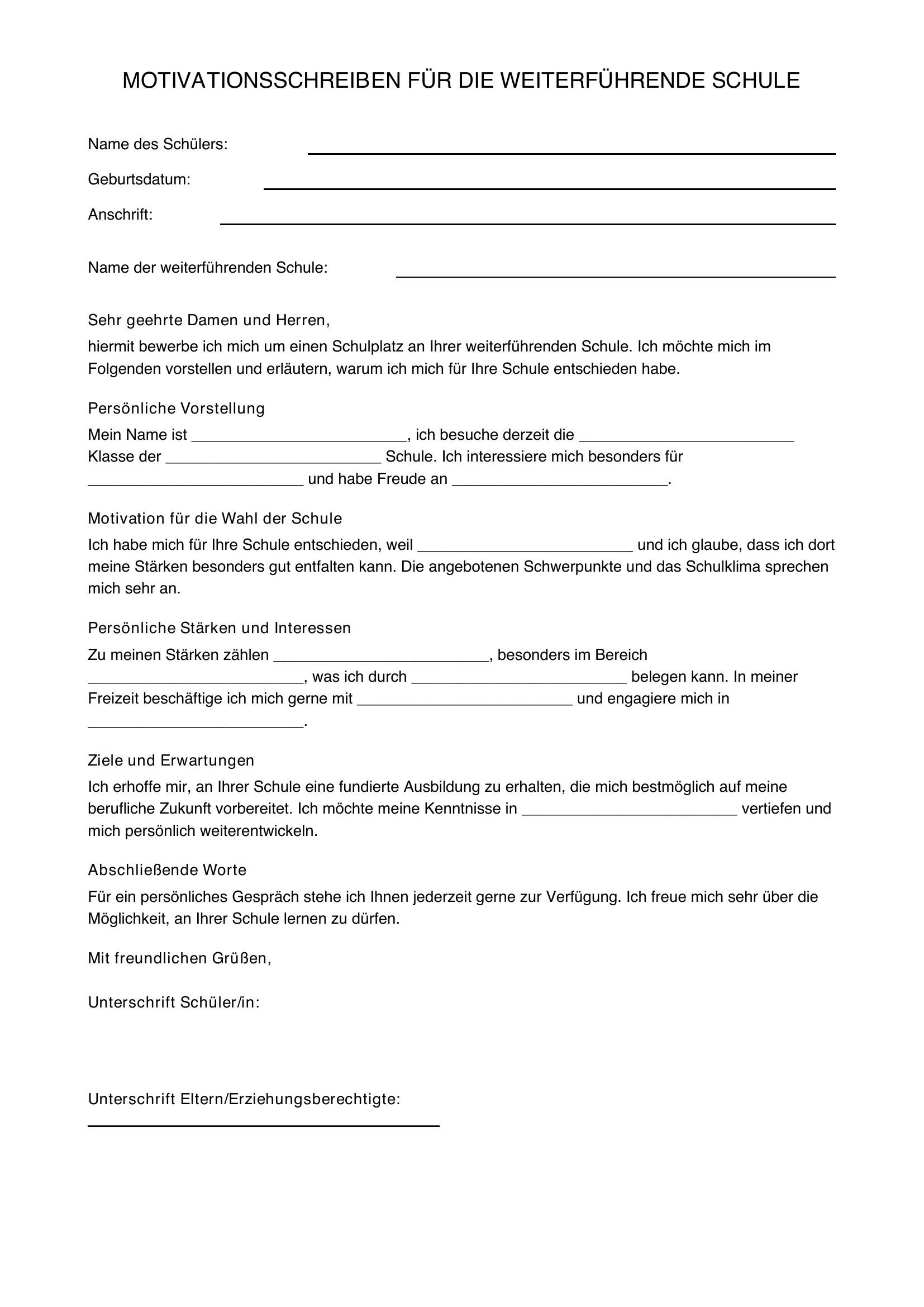 Motivationsschreiben Für Weiterführende Schule Muster