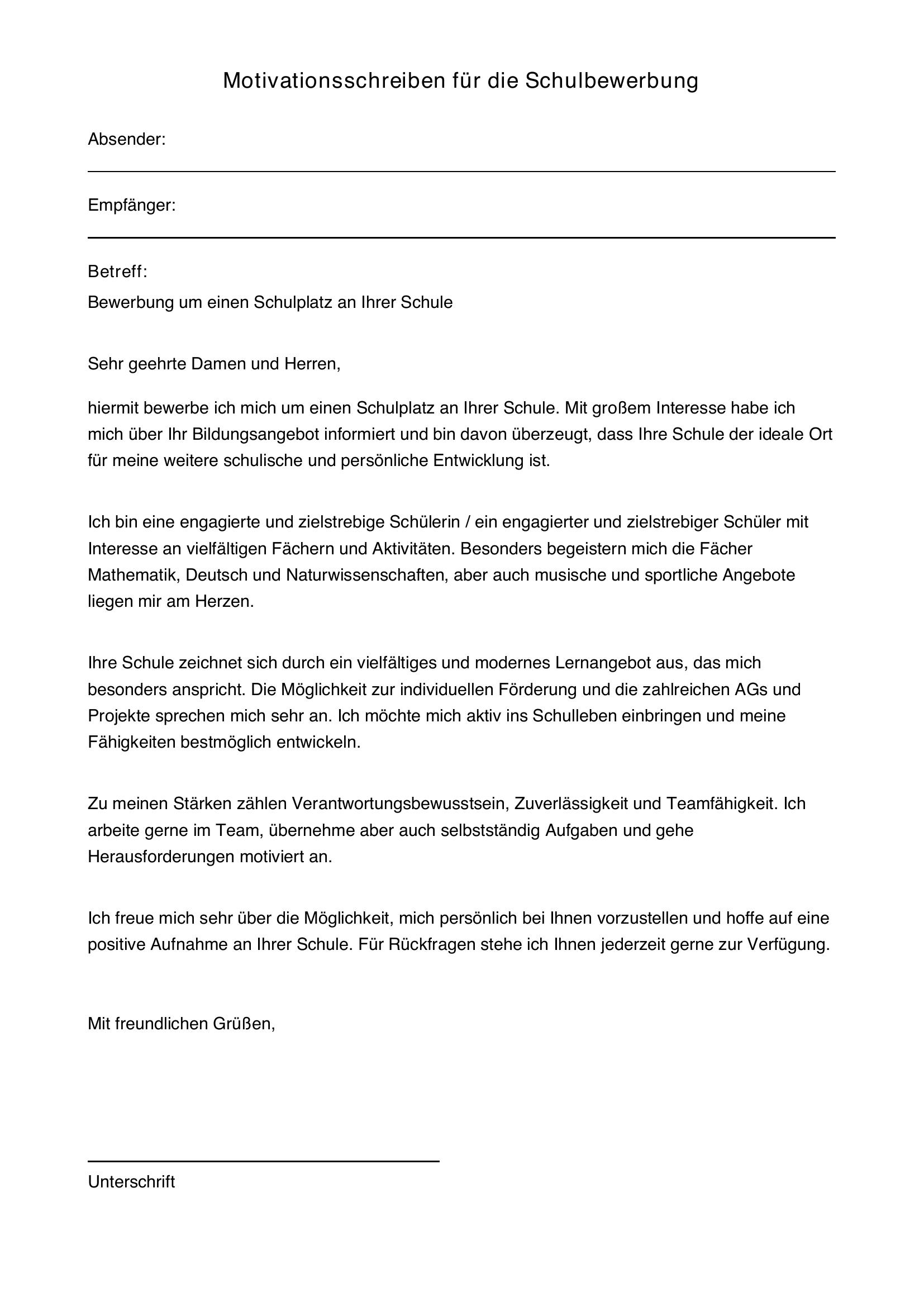 Motivationsschreiben Schule