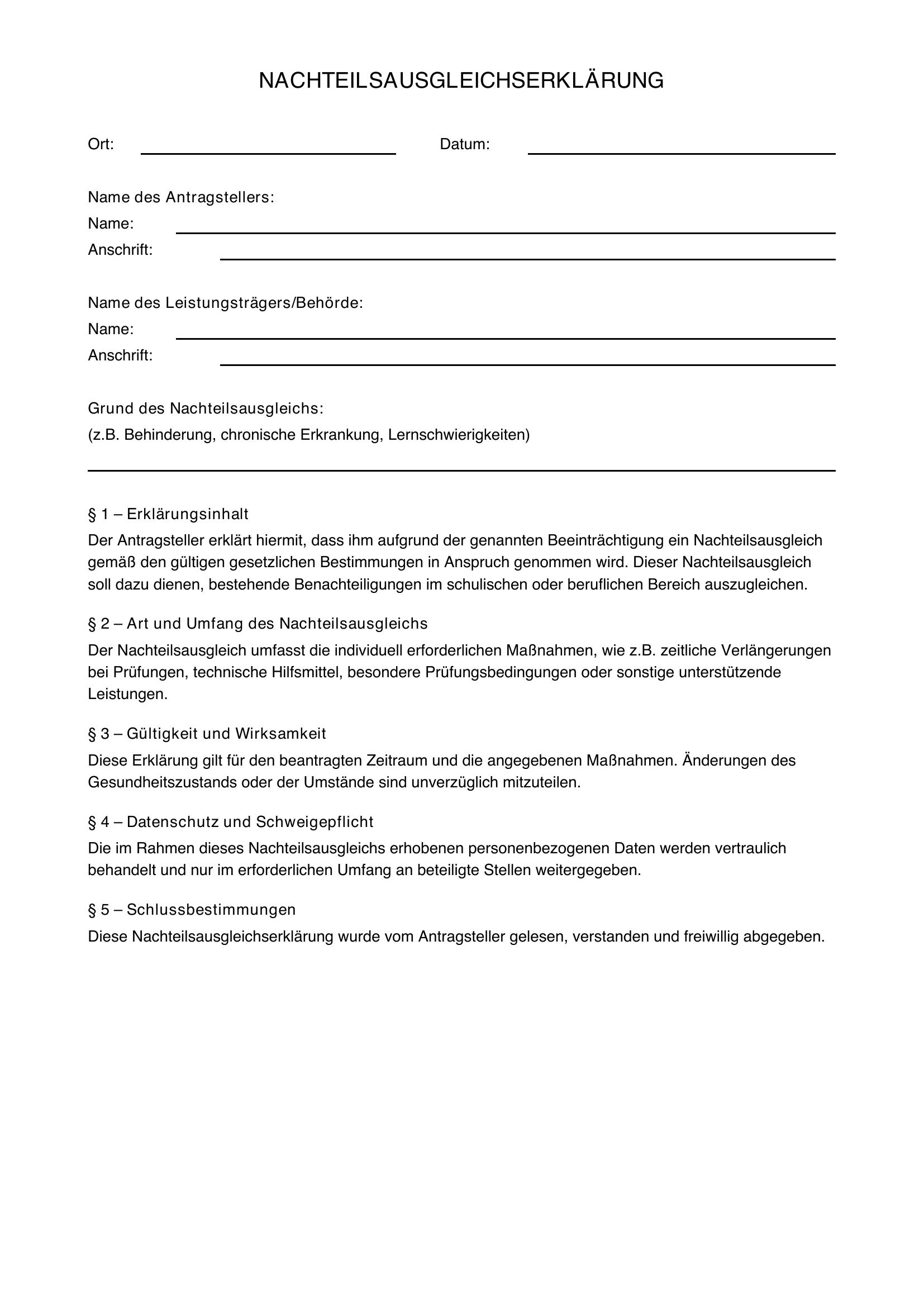 Nachteilsausgleichserklärung Muster