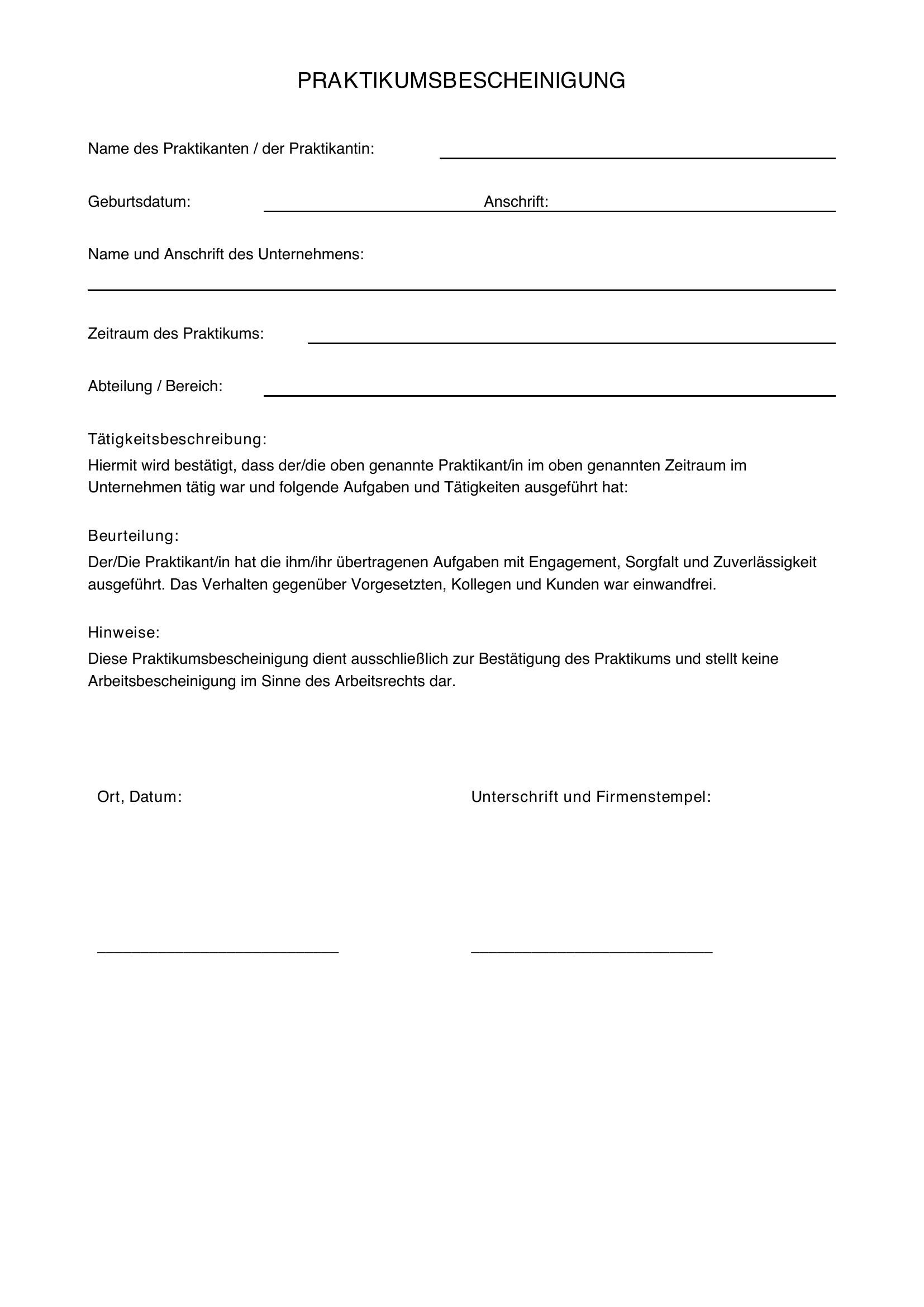 Praktikumsbescheinigung Englisch Vorlage