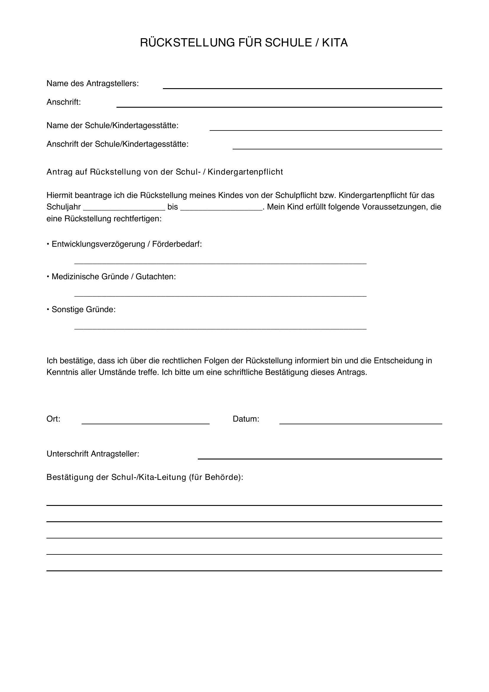 Rückstellung Schule Schreiben Kita Beispiel
