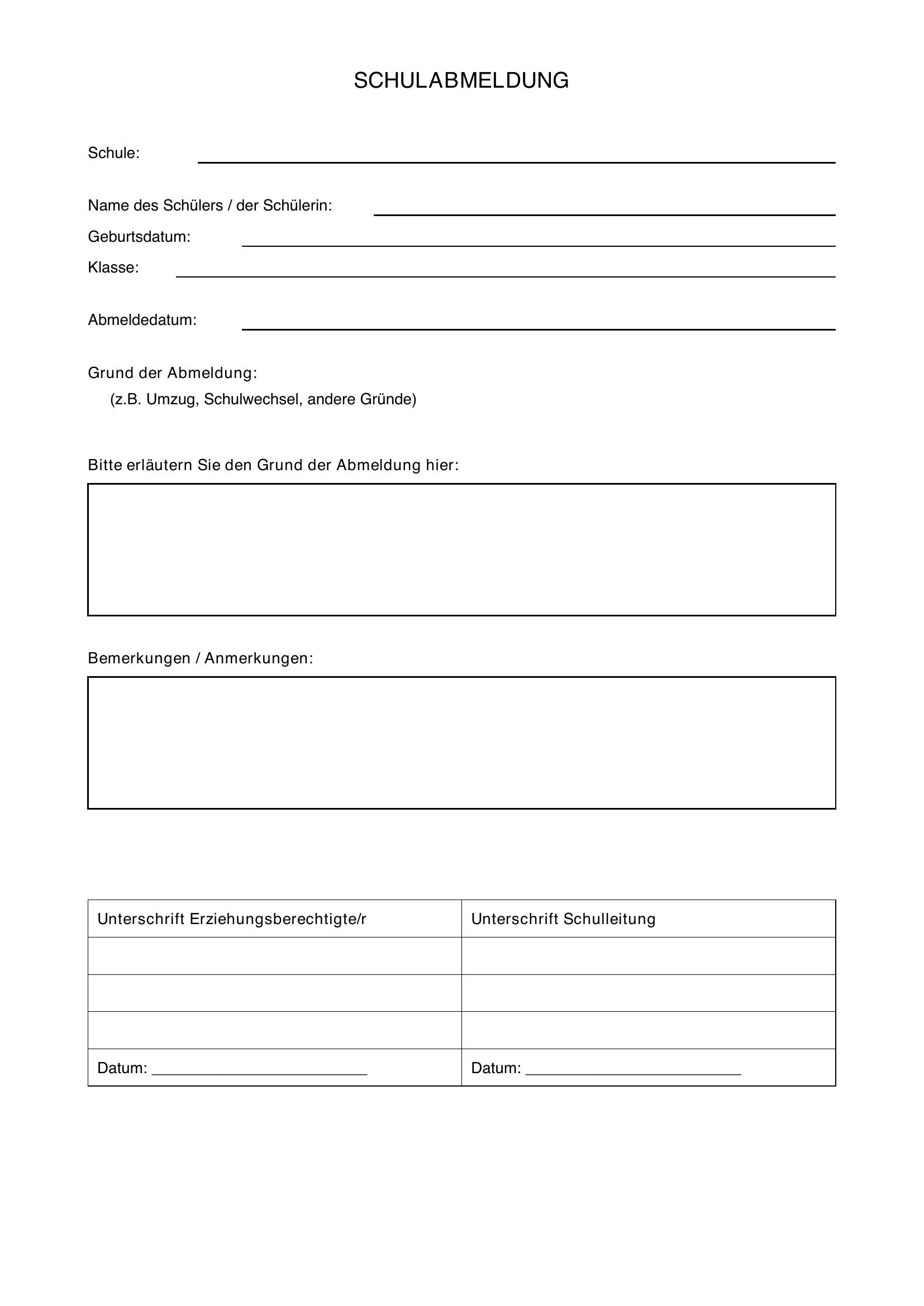 Schulabmeldung Muster