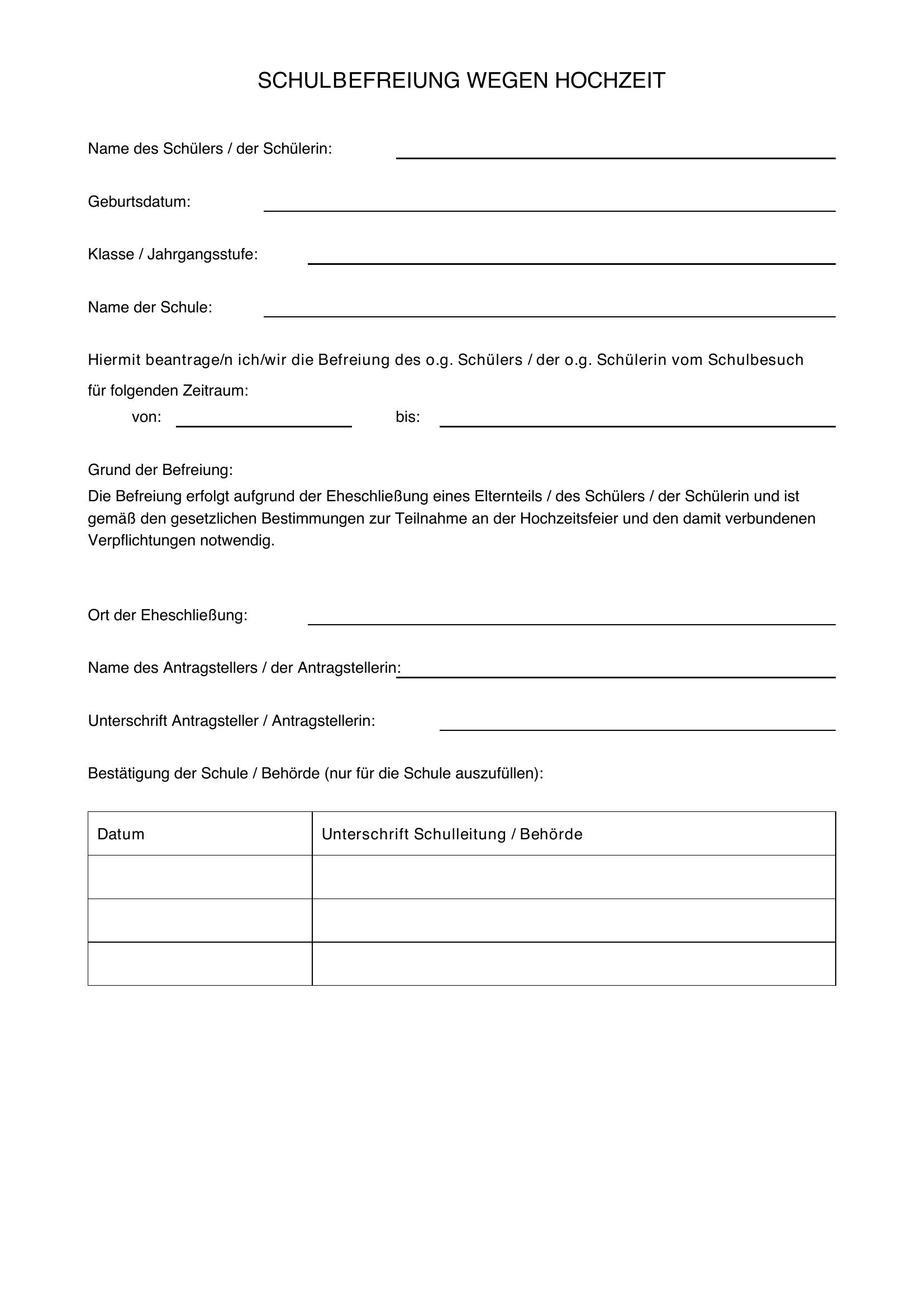 Schulbefreiung Wegen Hochzeit Vorlage