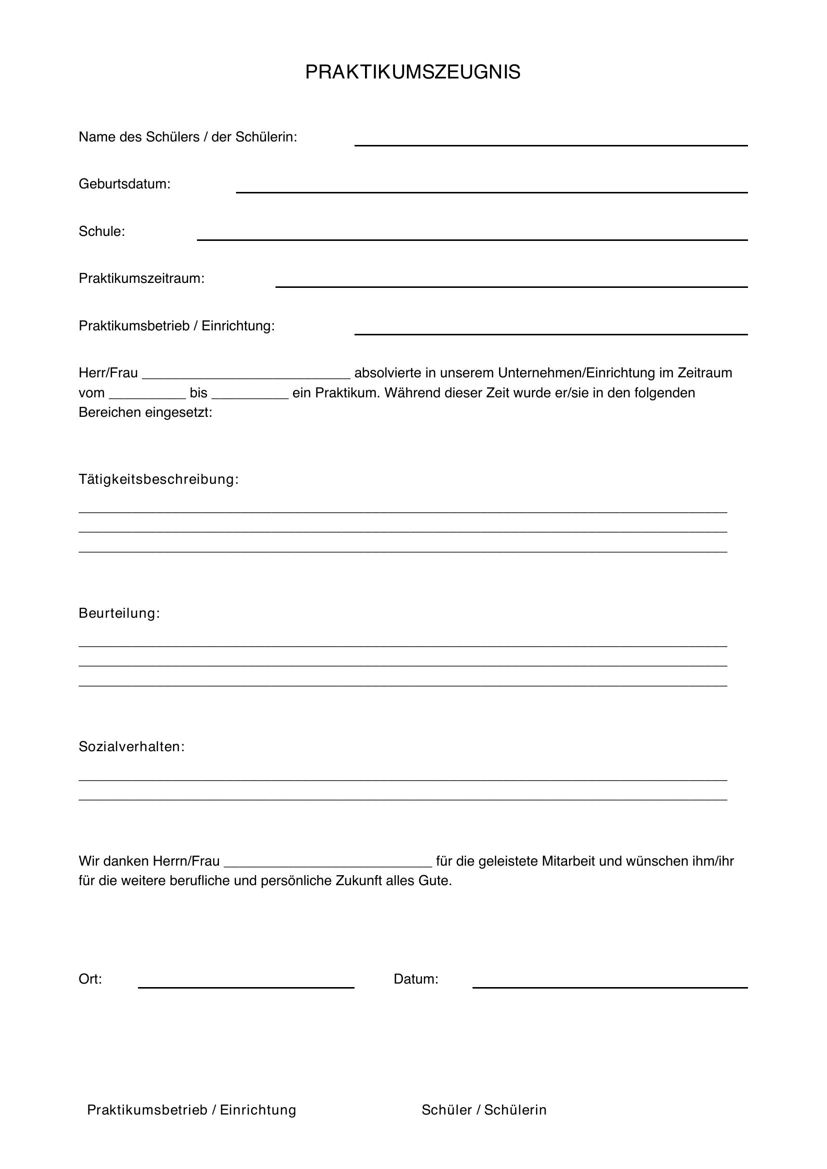 Schüler Praktikumszeugnis Vorlage