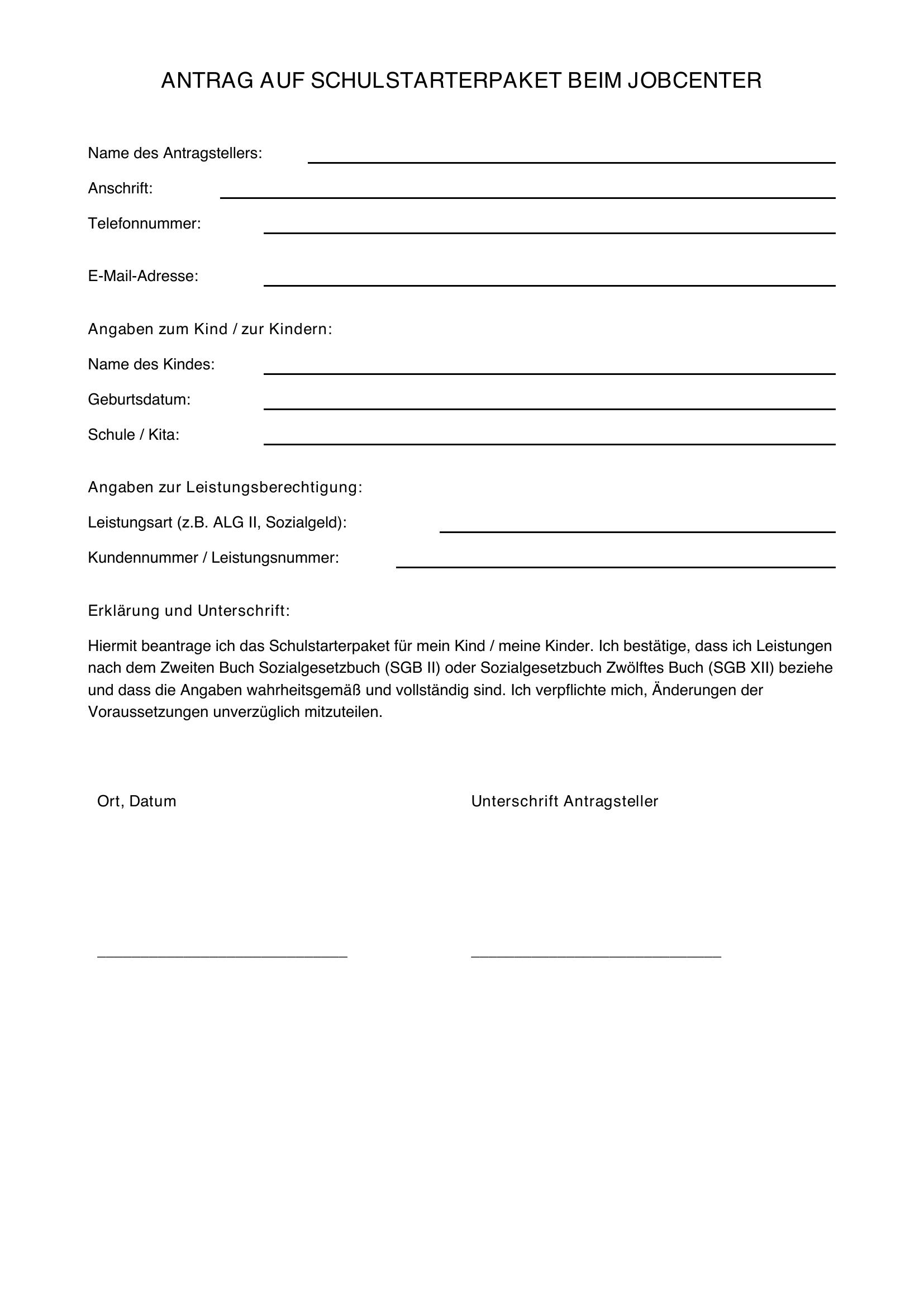 Schulstarterpaket Antrag Jobcenter