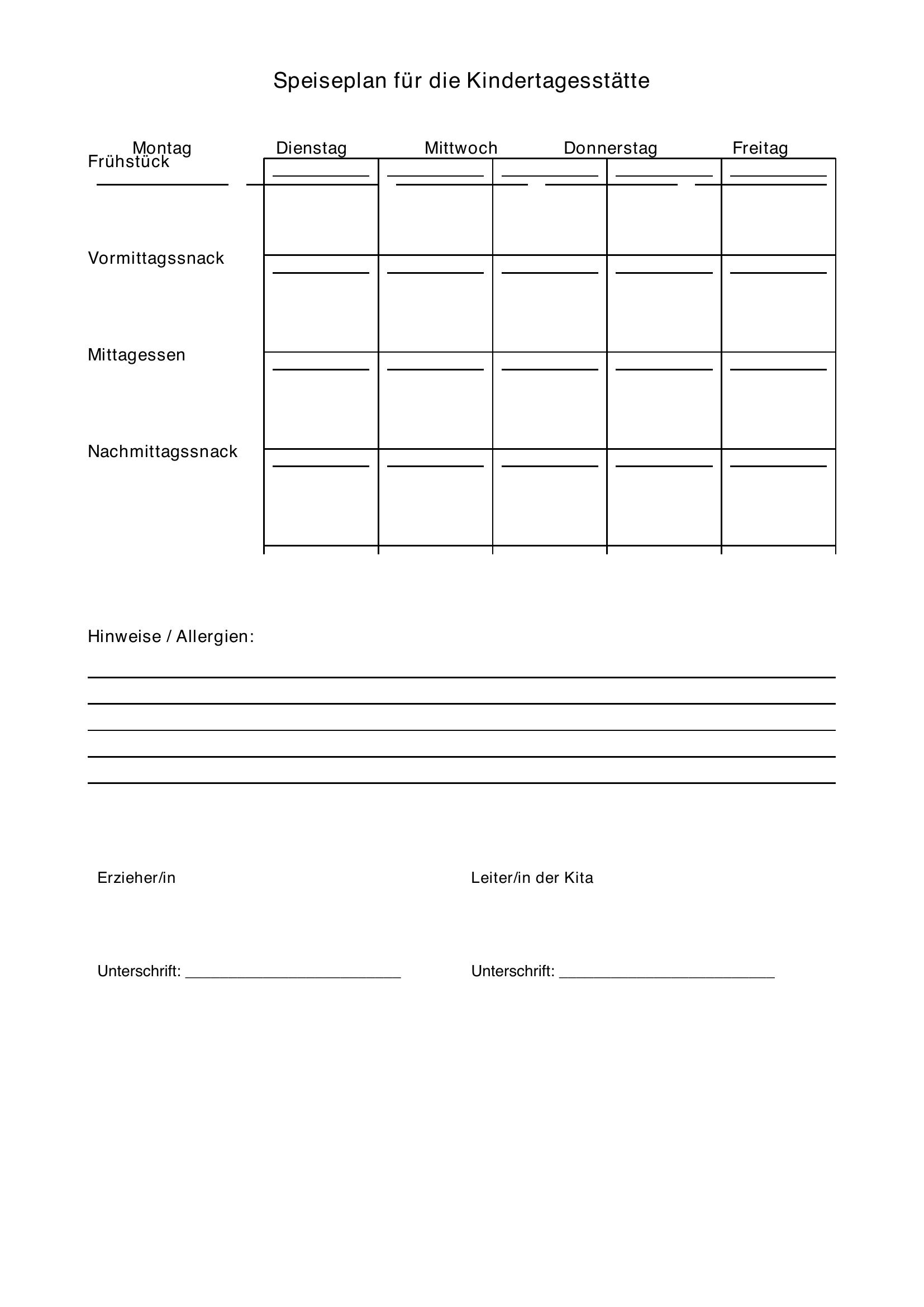 Speiseplan Kita Vorlage