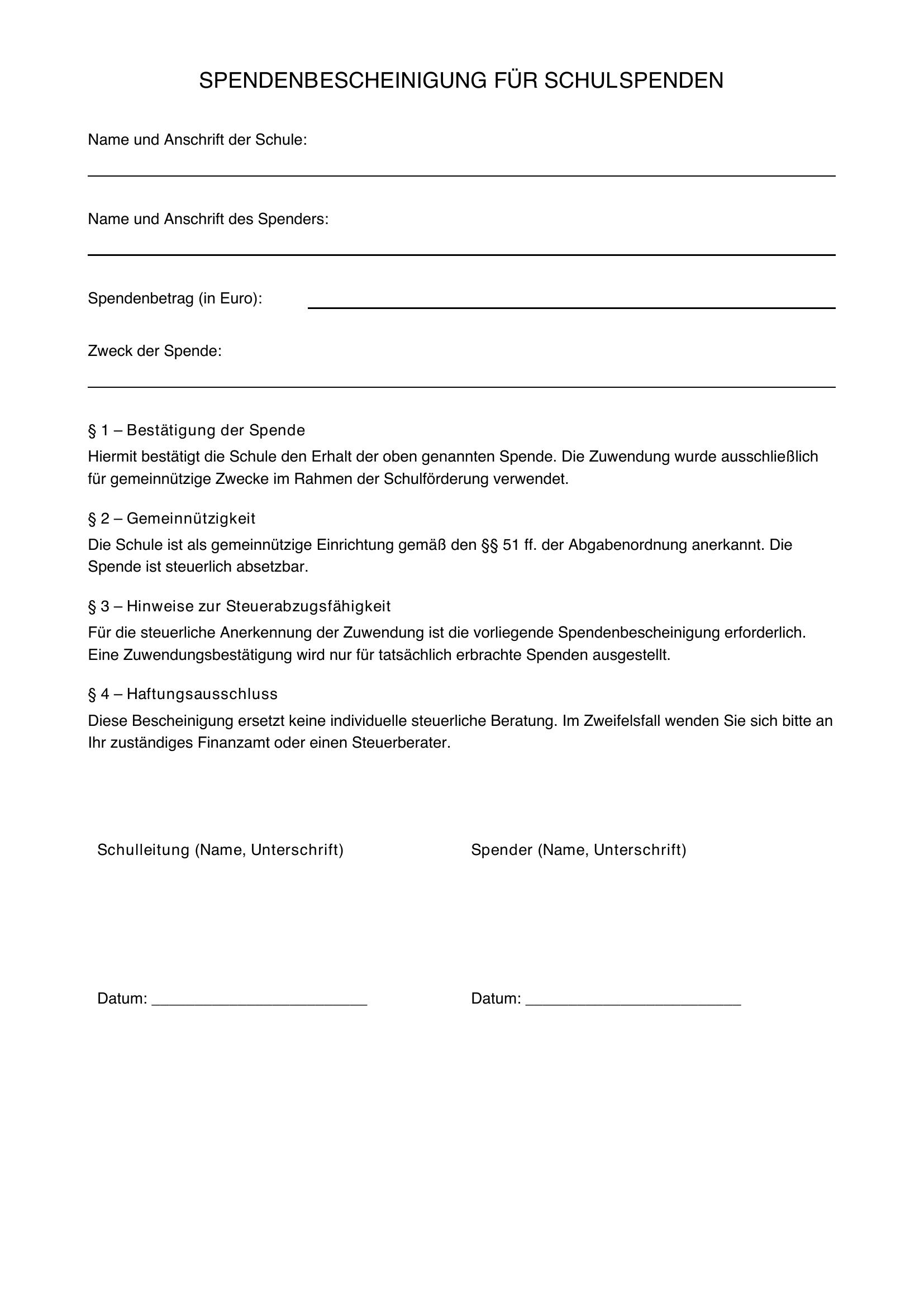 Spendenbescheinigung Schule Vorlage