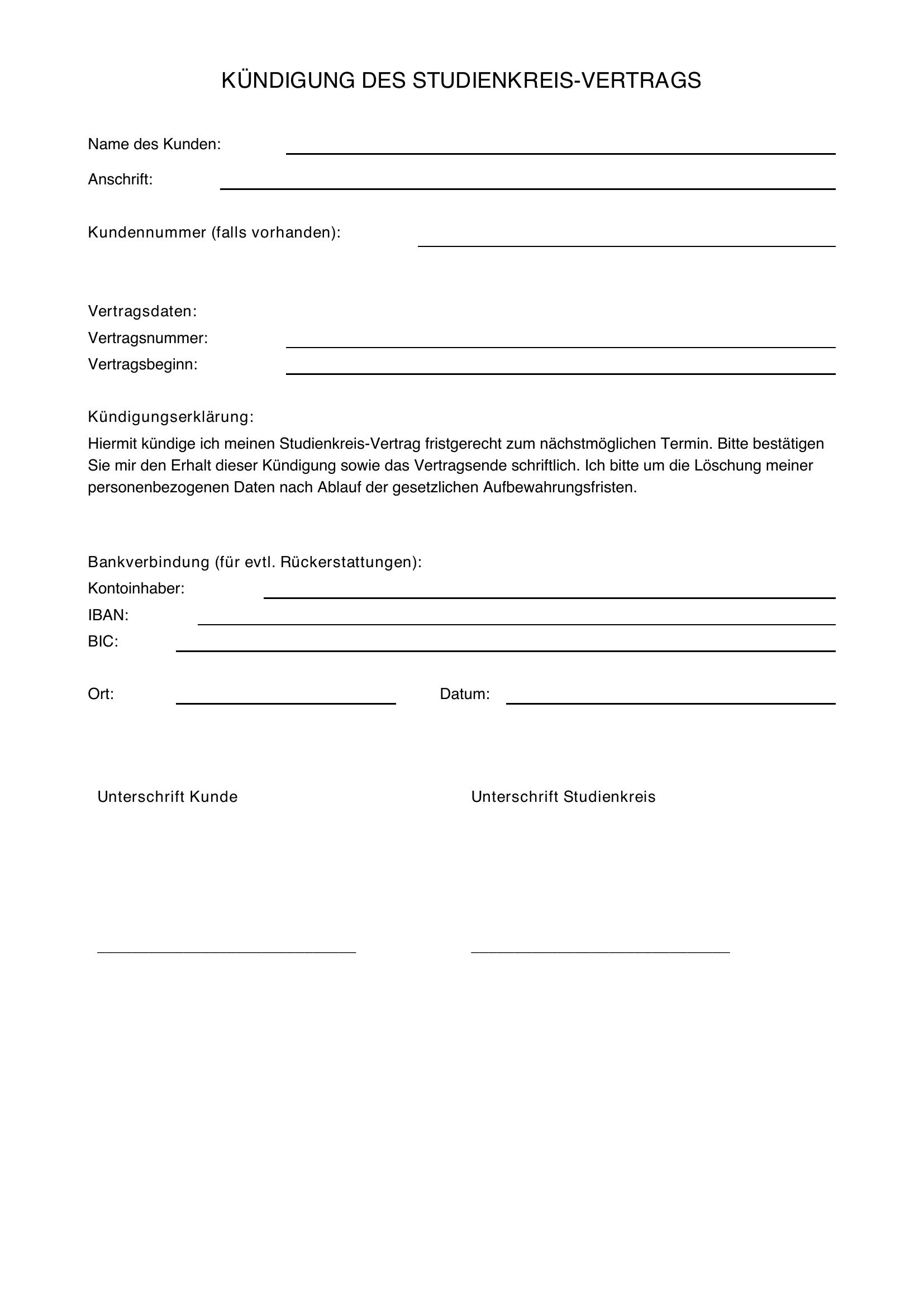 Studienkreis Kündigung Vorlage