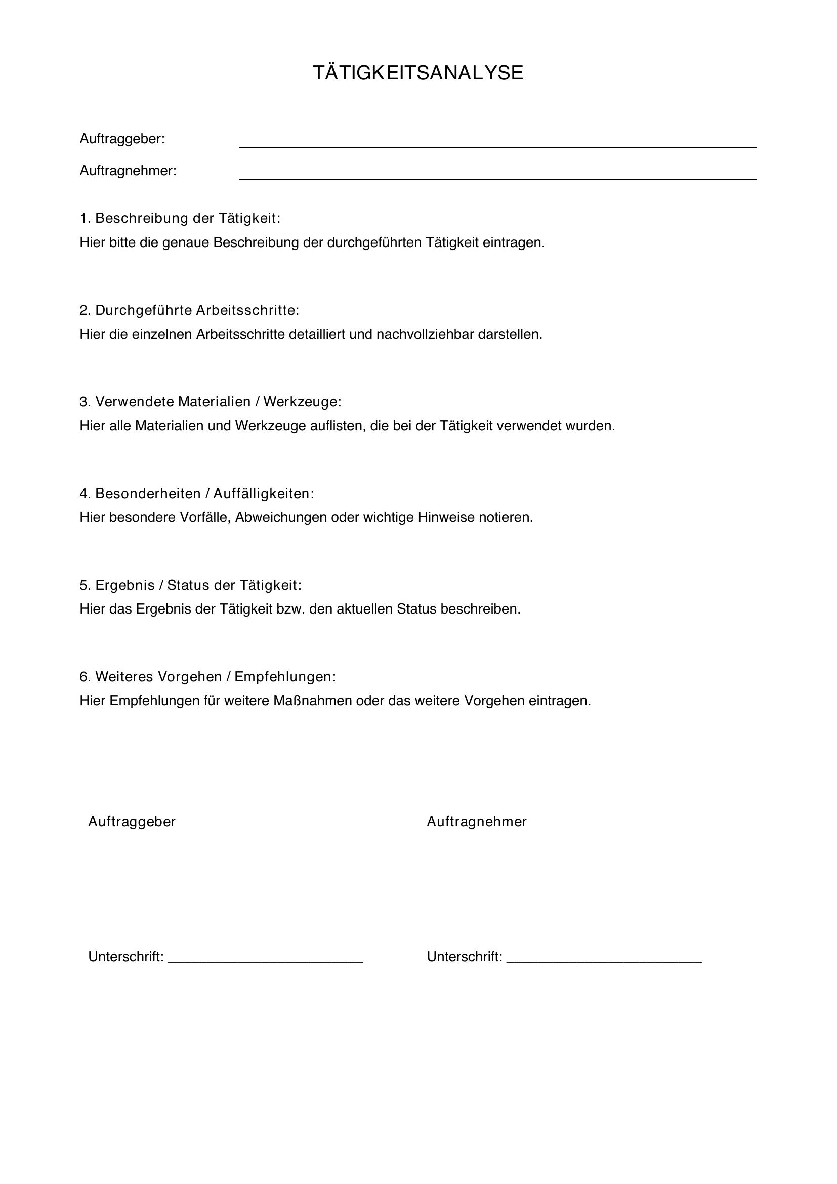 Tätigkeitsanalyse Vorlage