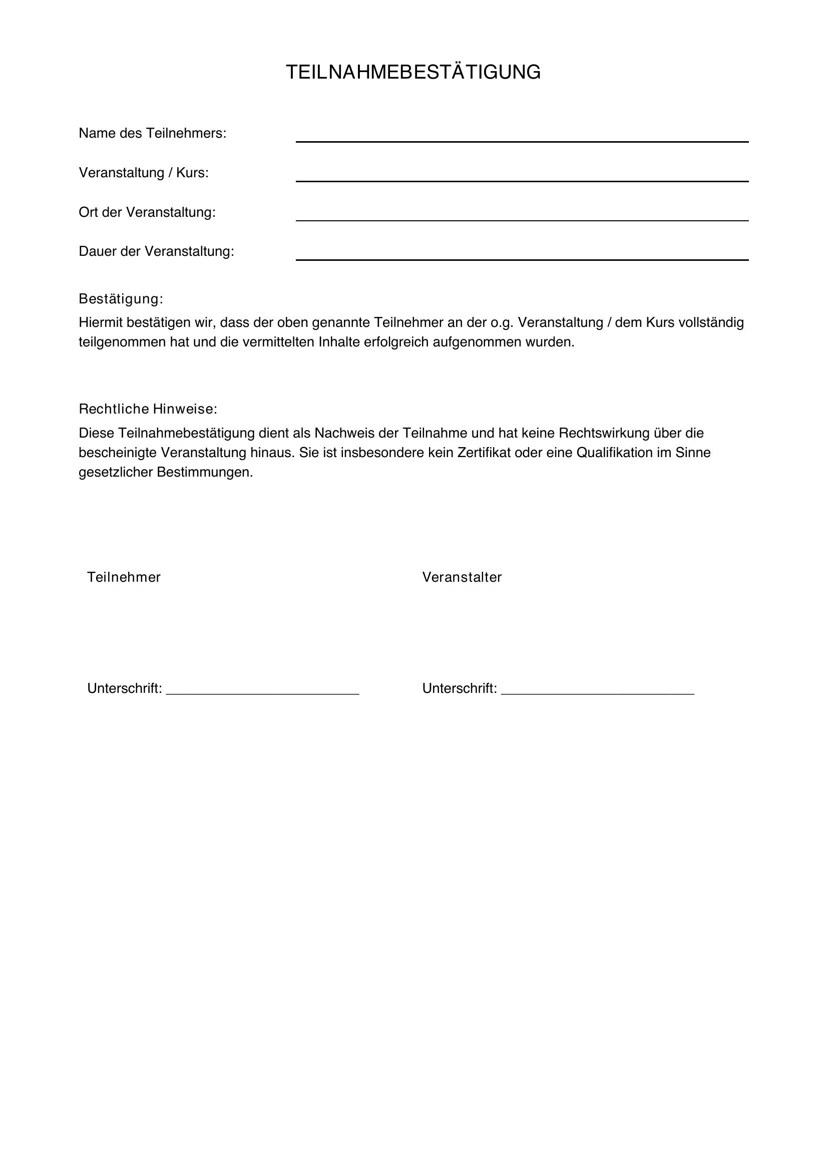 Teilnahmebestätigung Vorlage