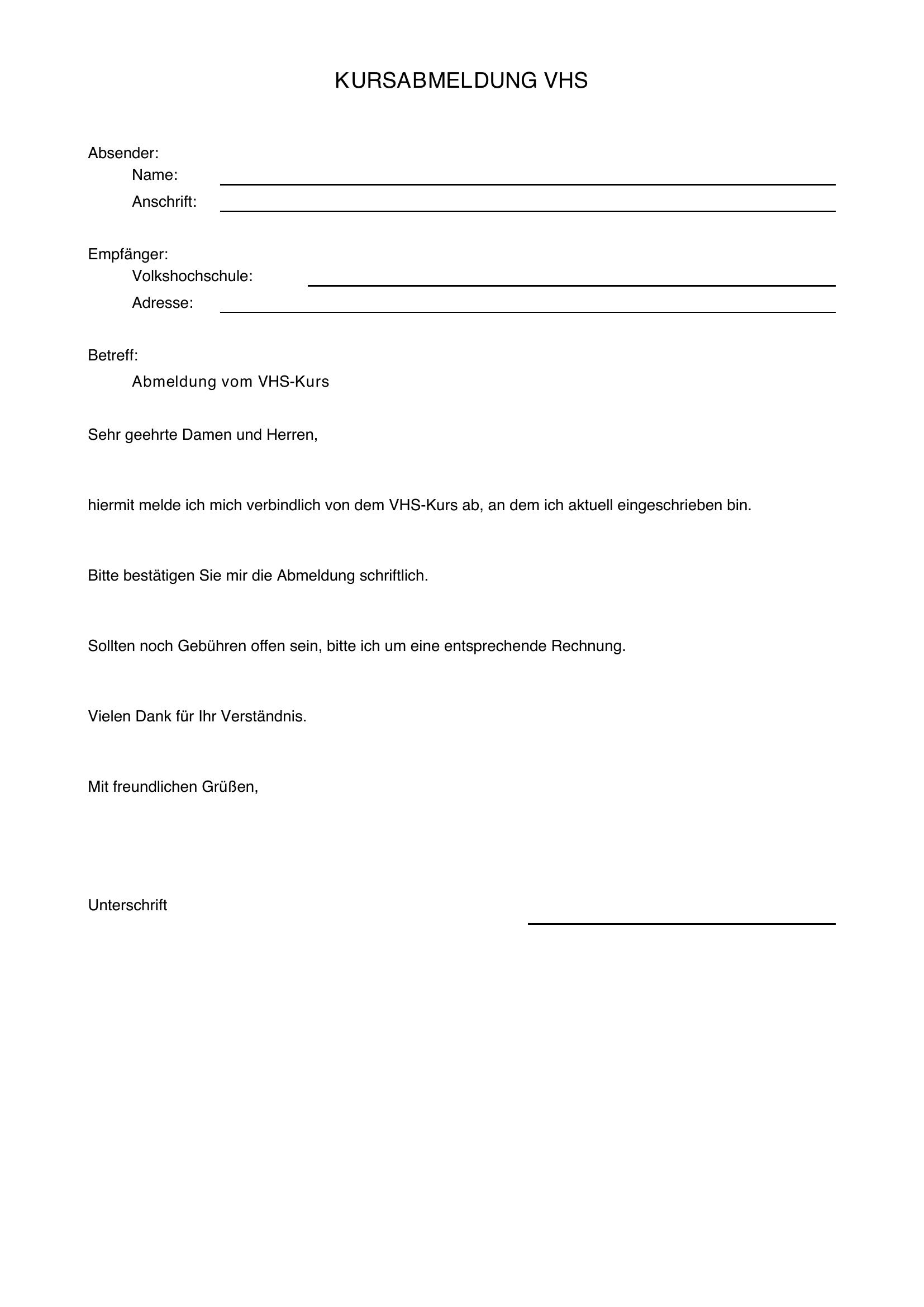 Vhs-Kurs Abmelden Musterbrief
